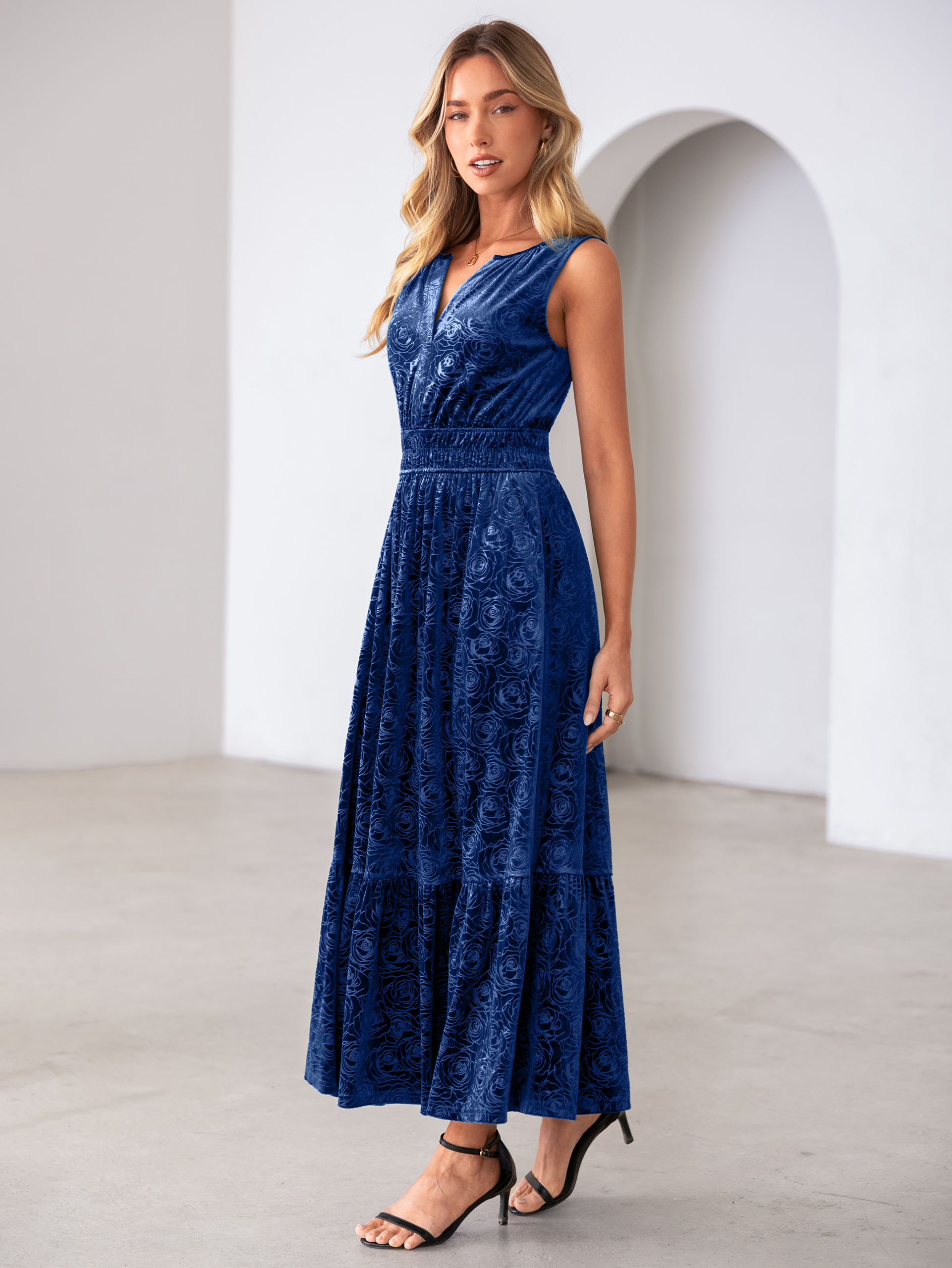 Sleeveless V-Neck Embossed Floral Velvet Maxi Dress