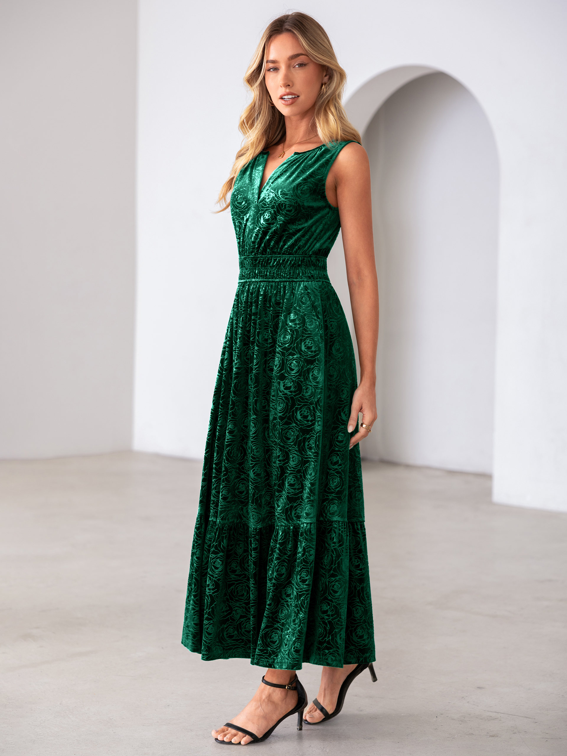 Sleeveless V-Neck Embossed Floral Velvet Maxi Dress
