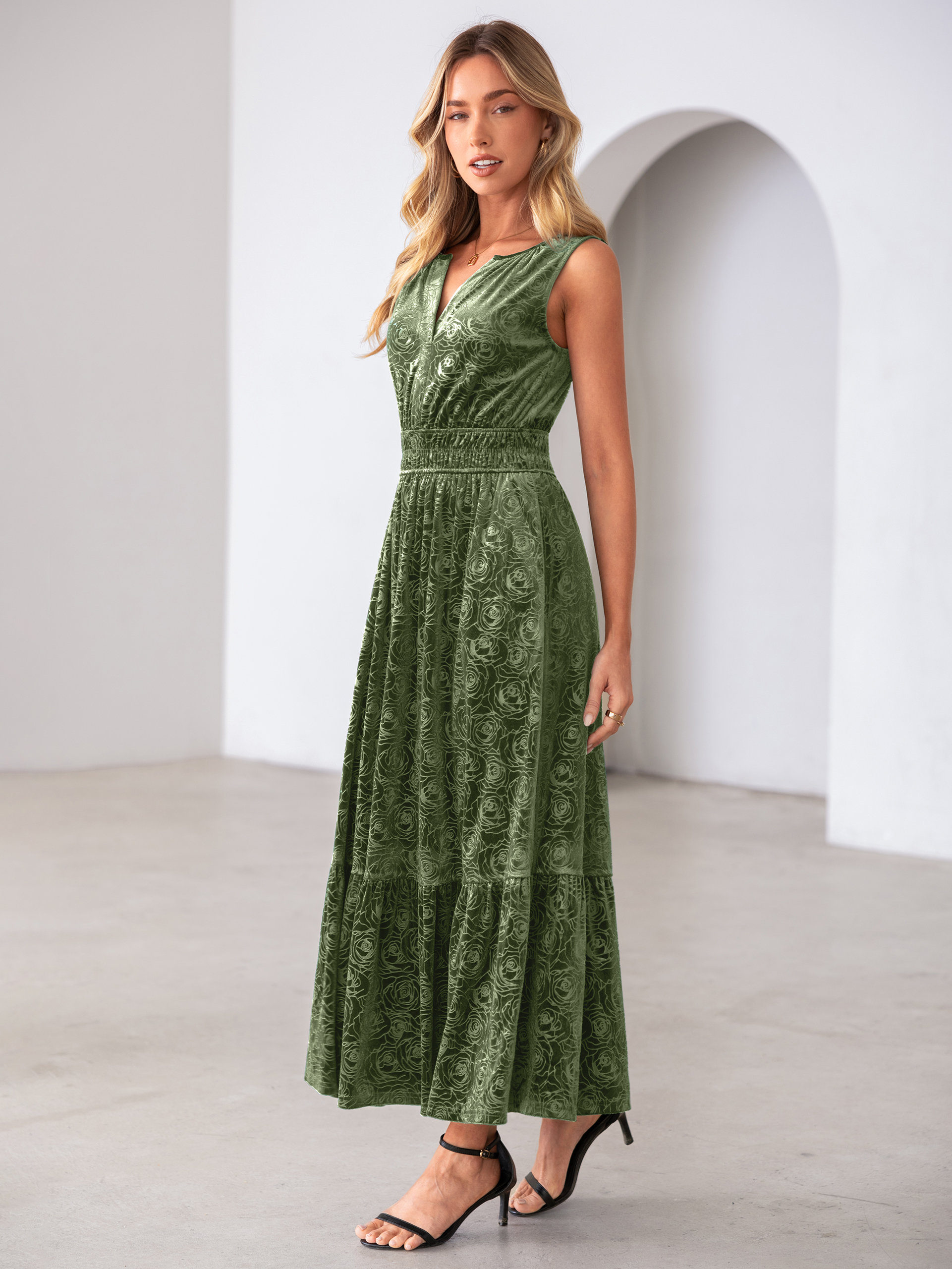 Sleeveless V-Neck Embossed Floral Velvet Maxi Dress