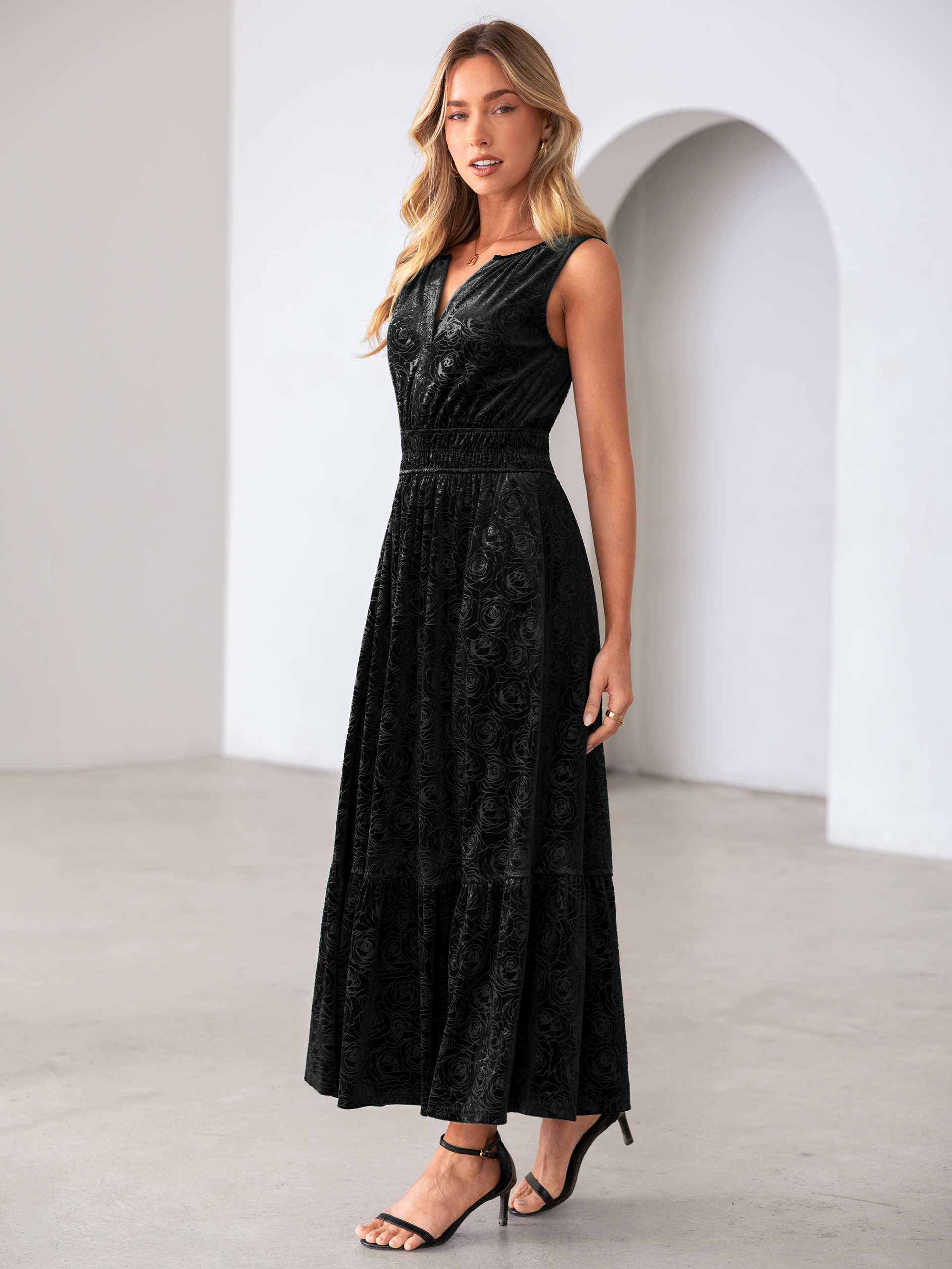 Sleeveless V-Neck Embossed Floral Velvet Maxi Dress