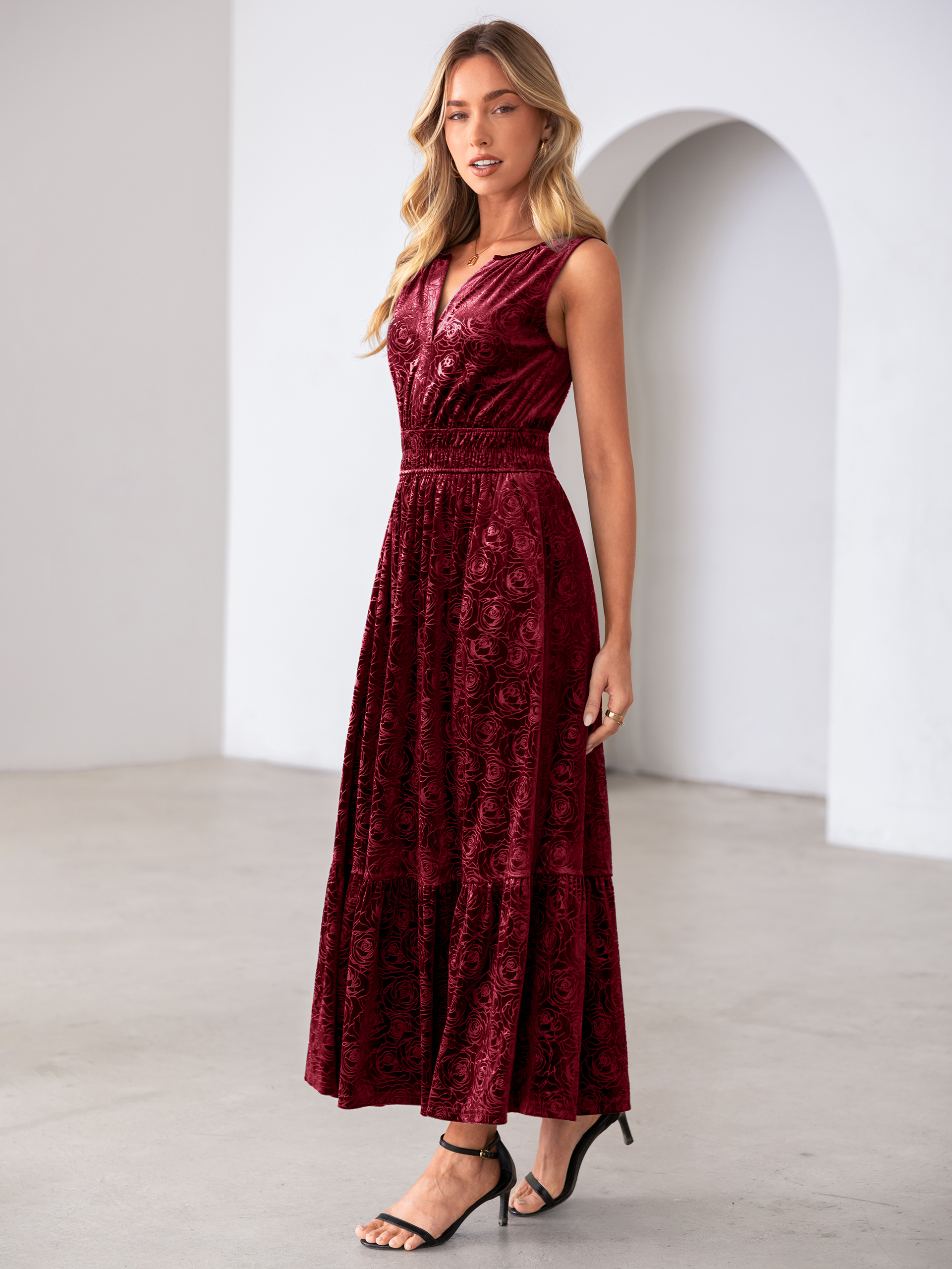Sleeveless V-Neck Embossed Floral Velvet Maxi Dress