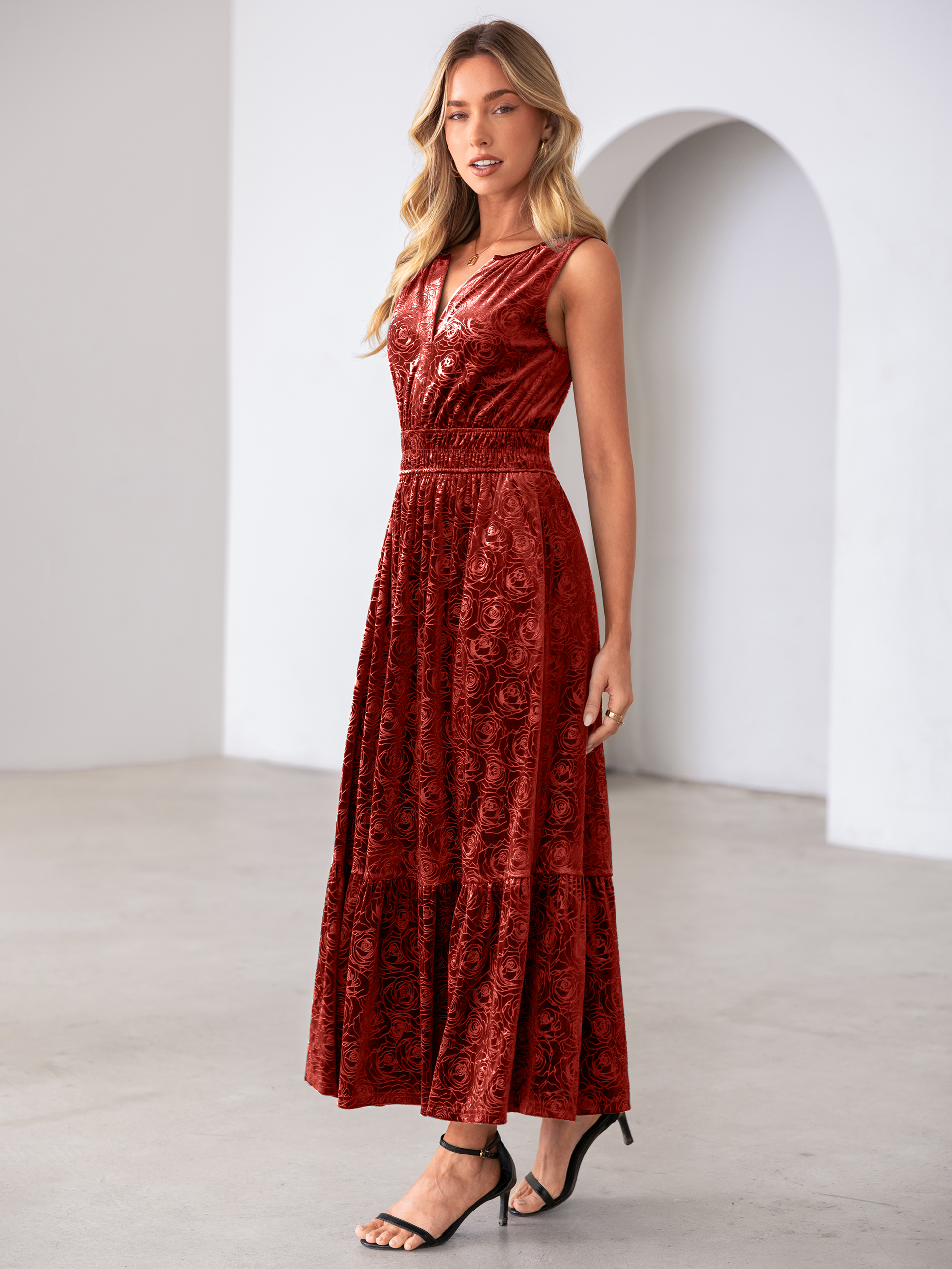 Sleeveless V-Neck Embossed Floral Velvet Maxi Dress