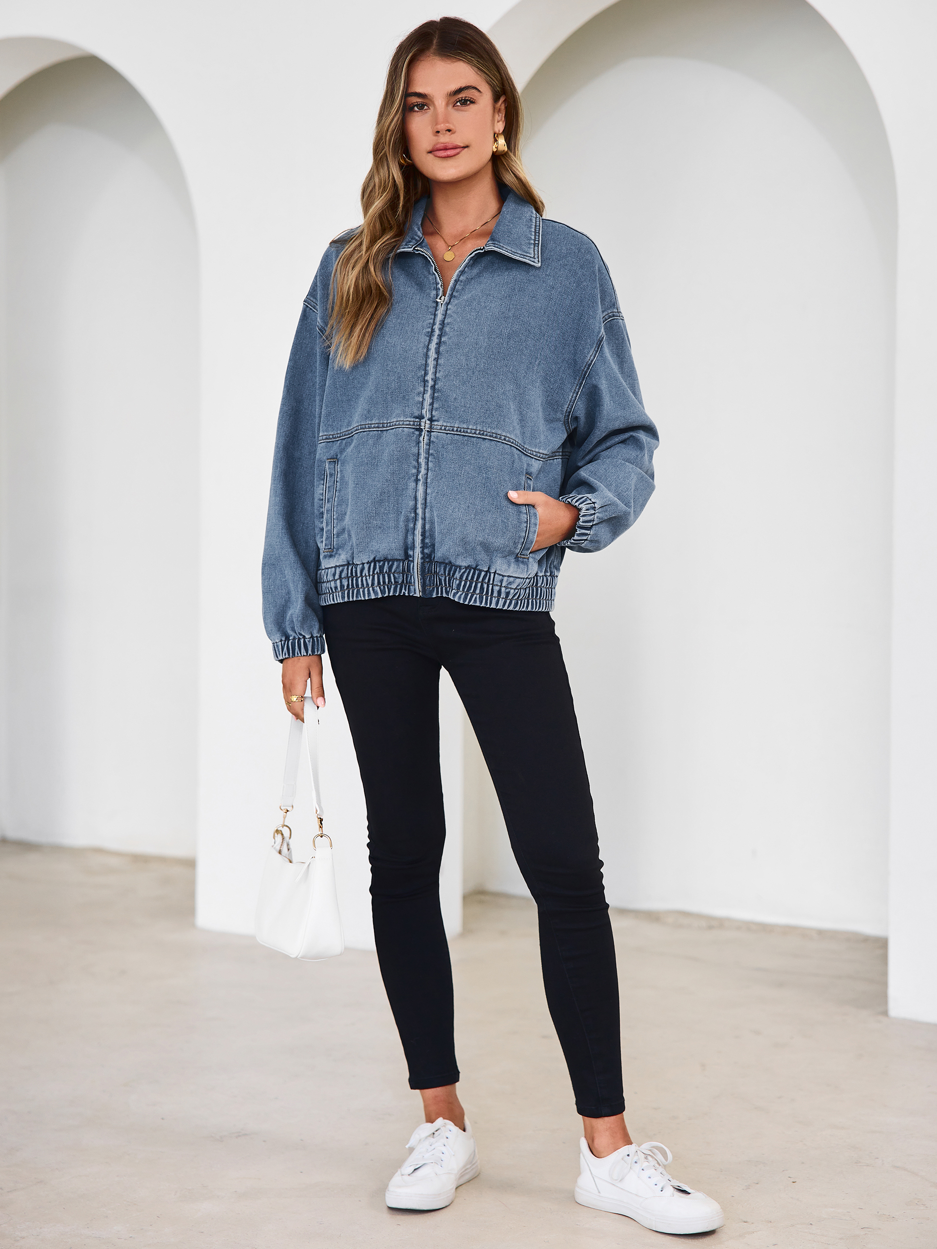 Classic Zip-Up Denim Bomber Jacket with Pockets