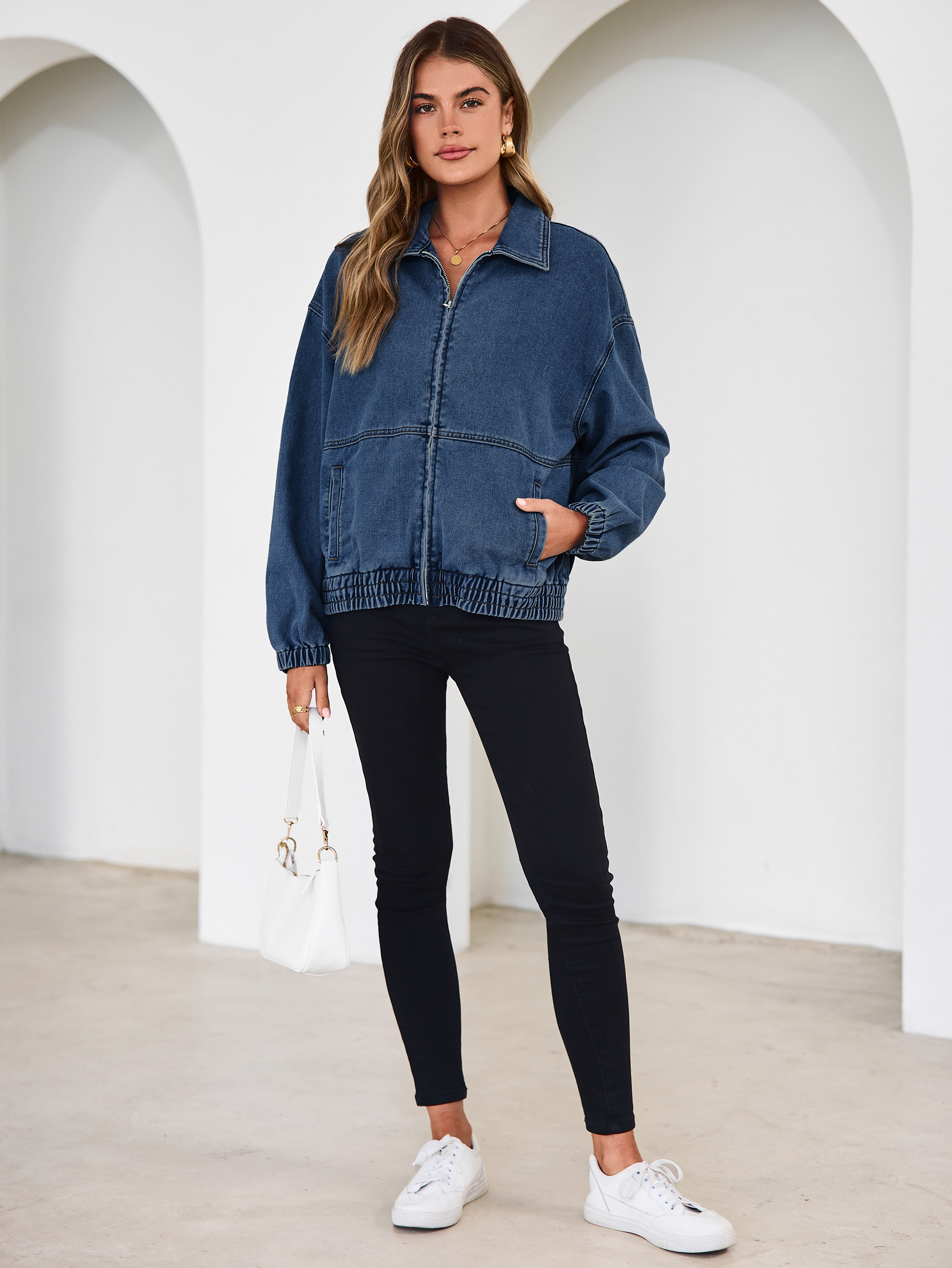 Classic Zip-Up Denim Bomber Jacket with Pockets