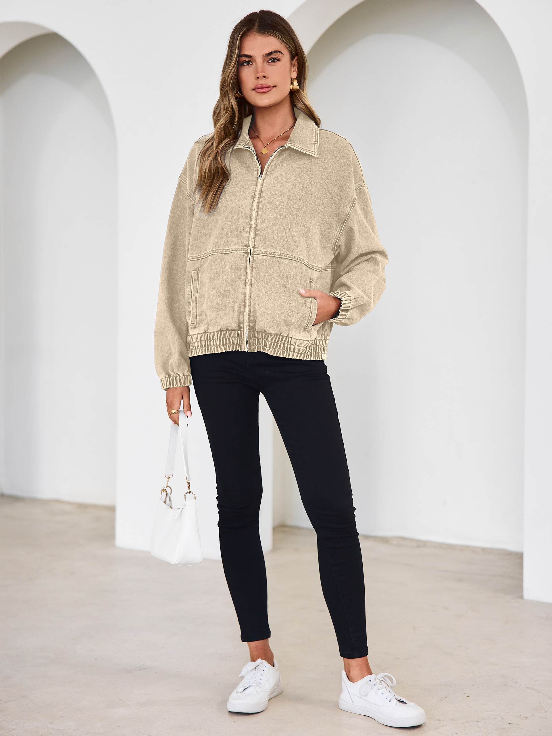 Classic Zip-Up Denim Bomber Jacket with Pockets