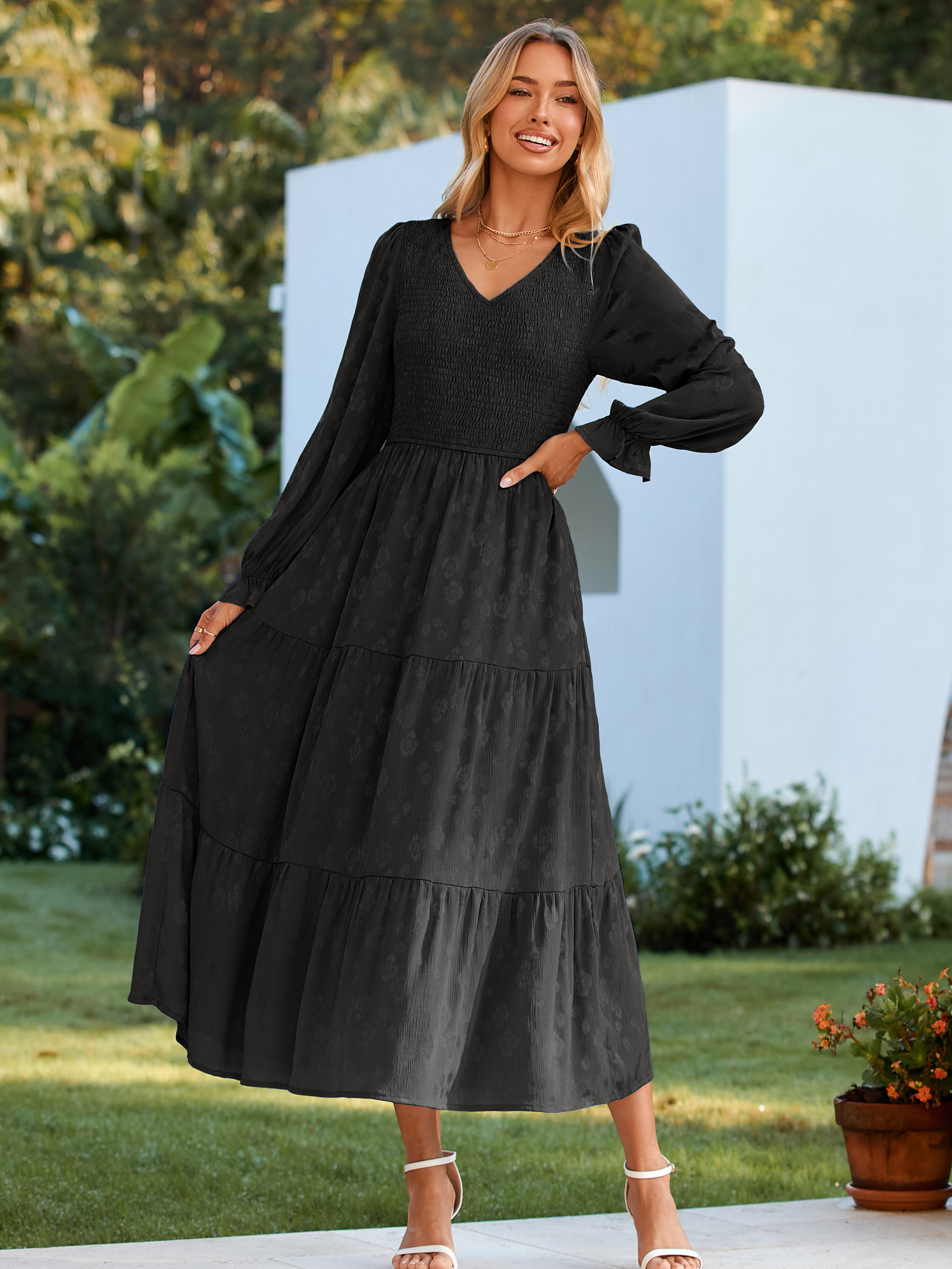 Smocked Tiered V Neck Wedding Guest Maxi Dress