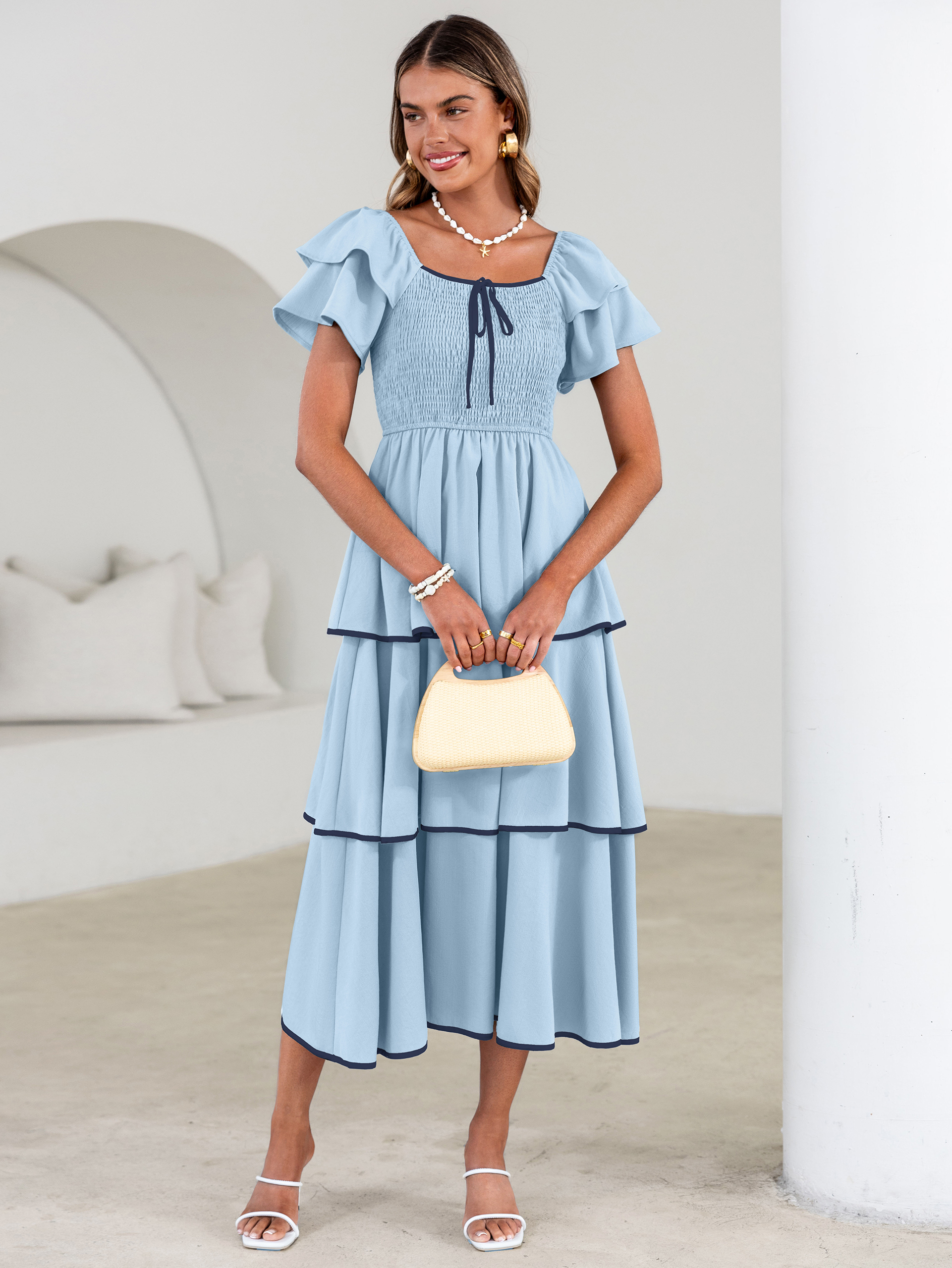 Ruched Off Shoulder Tiered Maxi Dress - Blue