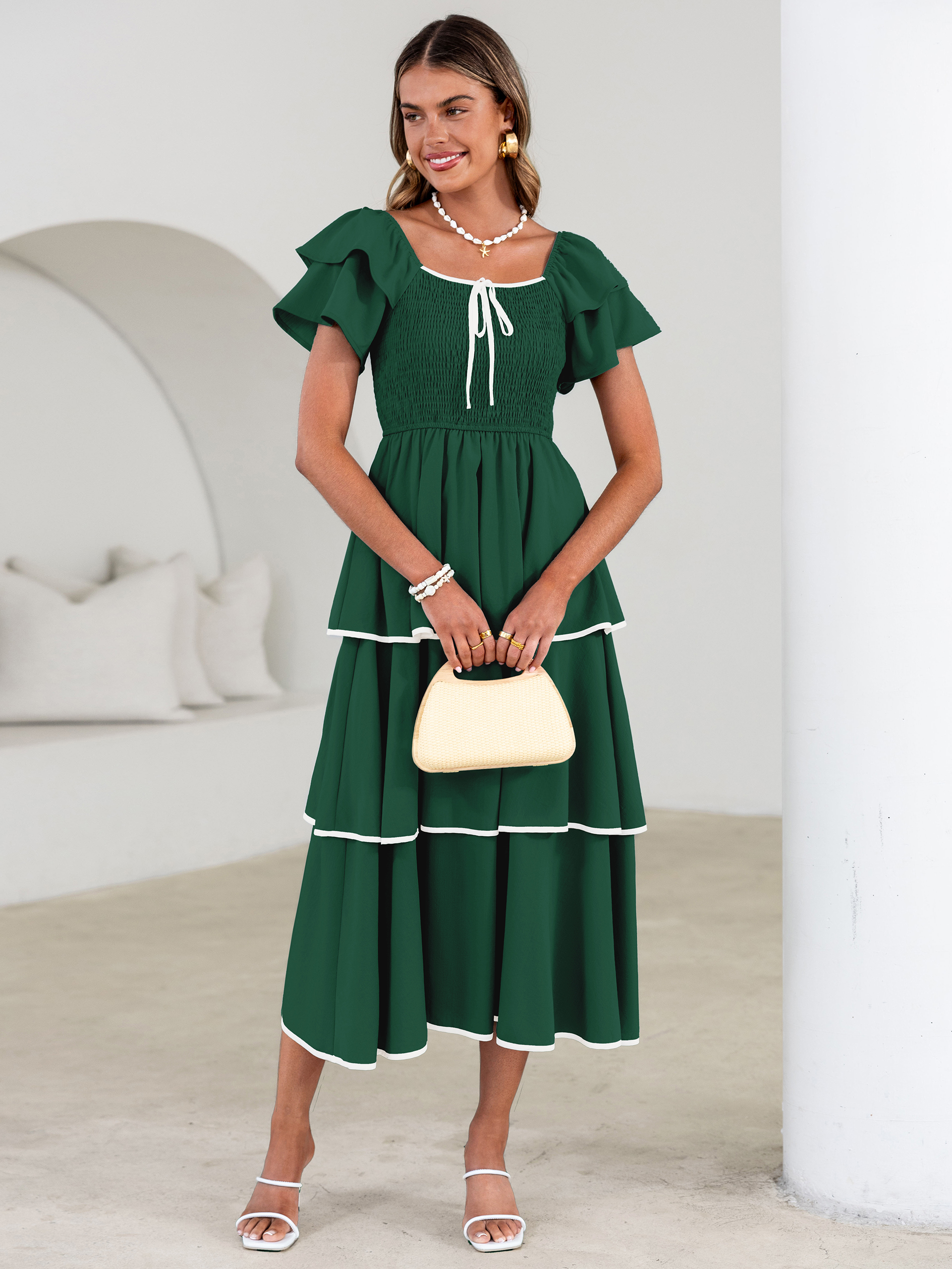 Ruched Off Shoulder Tiered Maxi Dress - Dark Green