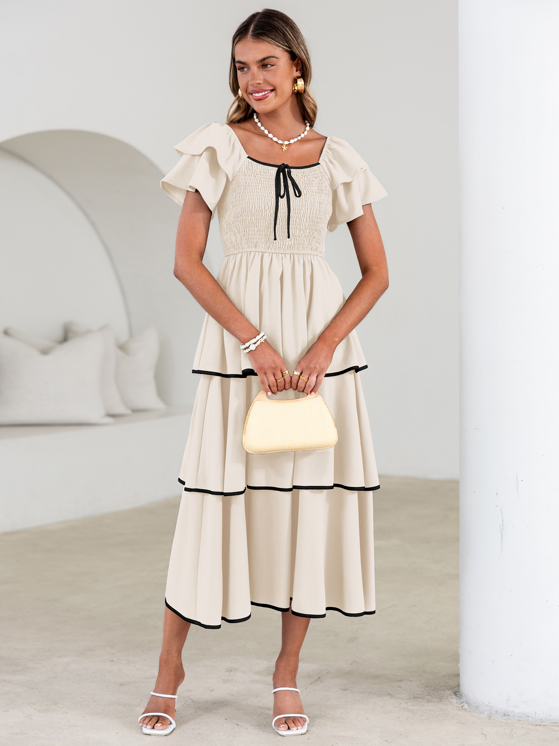 Ruched Off Shoulder Tiered Maxi Dress - Apricot