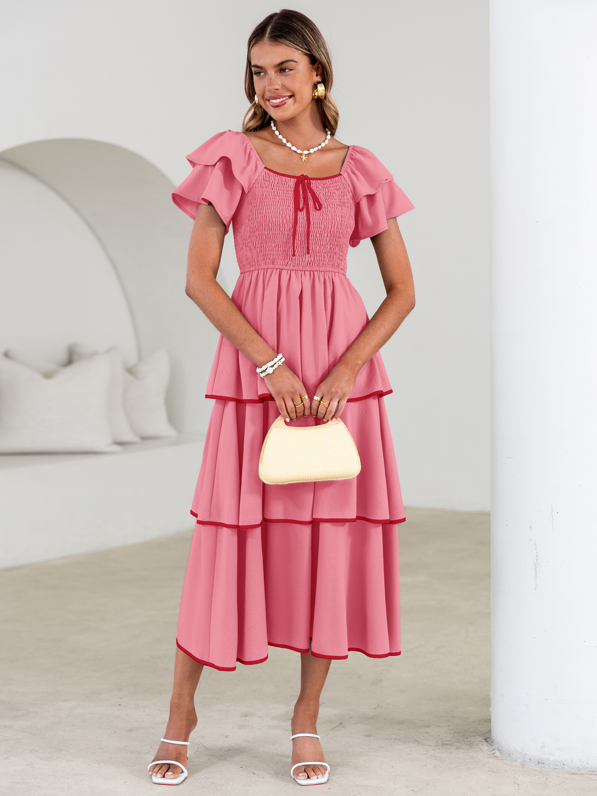 Ruched Off Shoulder Tiered Maxi Dress - Rose Pink
