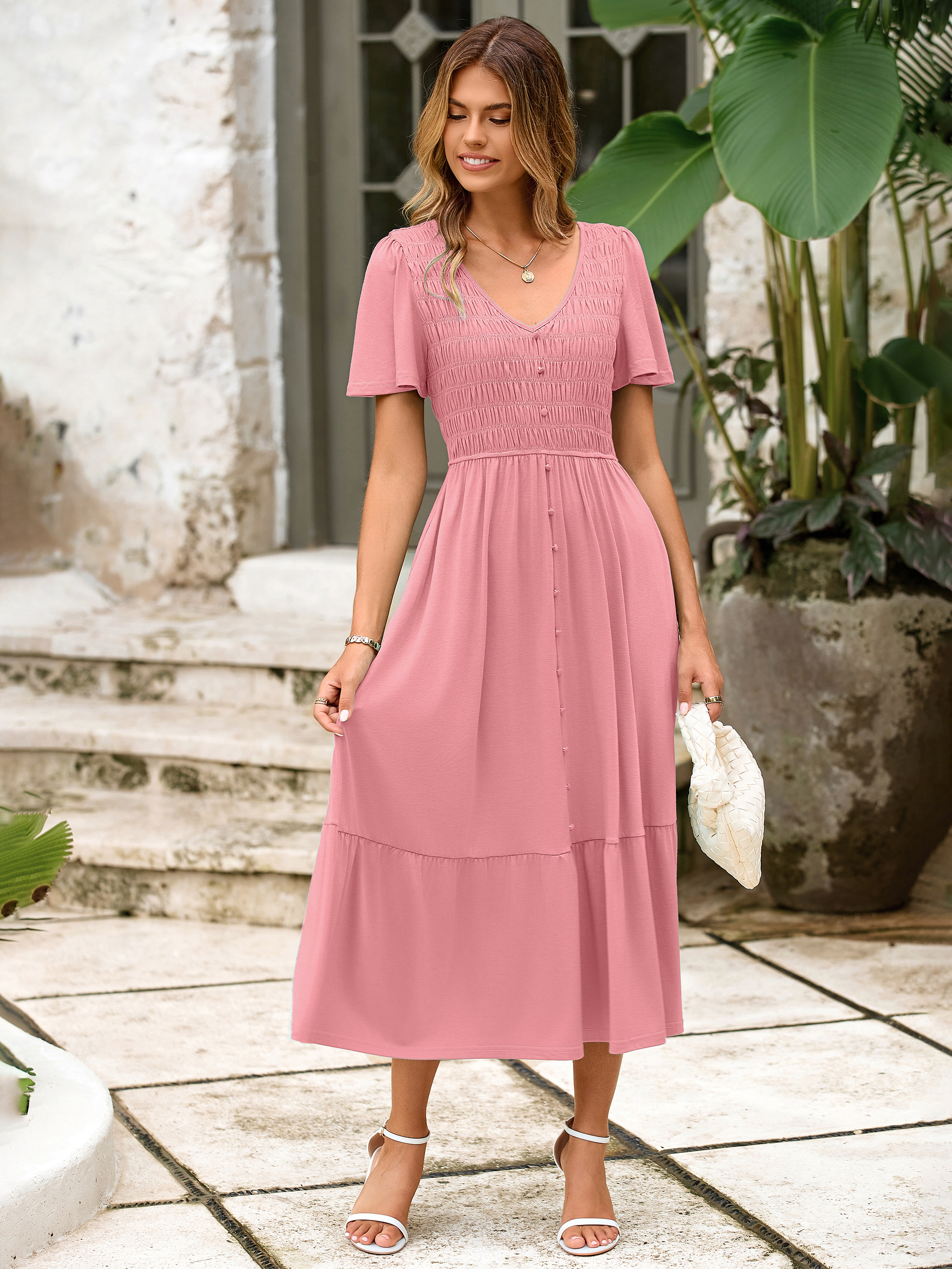 Smocked Waist Flutter Sleeve Boho Maxi Dress
