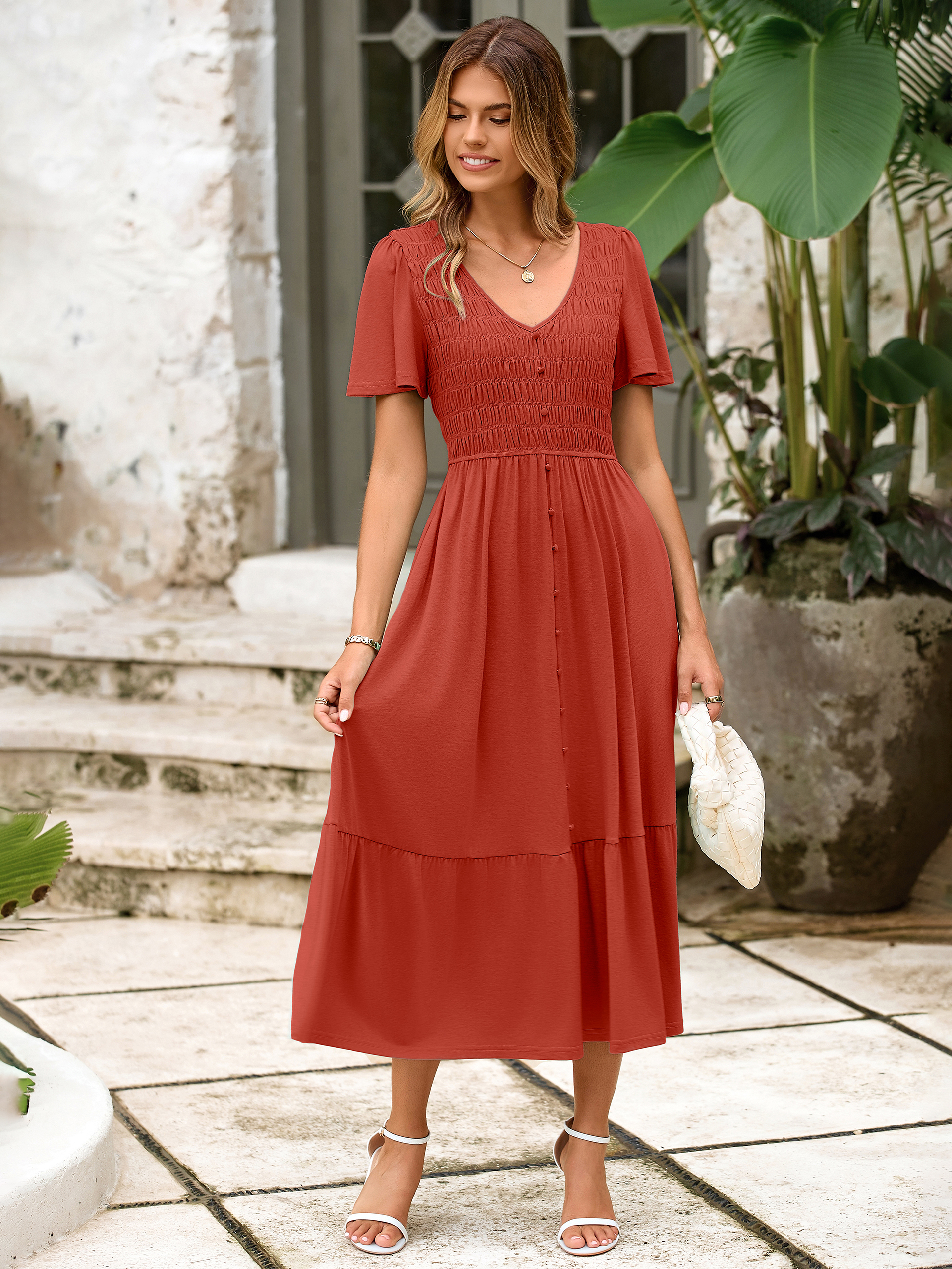 Smocked Waist Flutter Sleeve Boho Maxi Dress