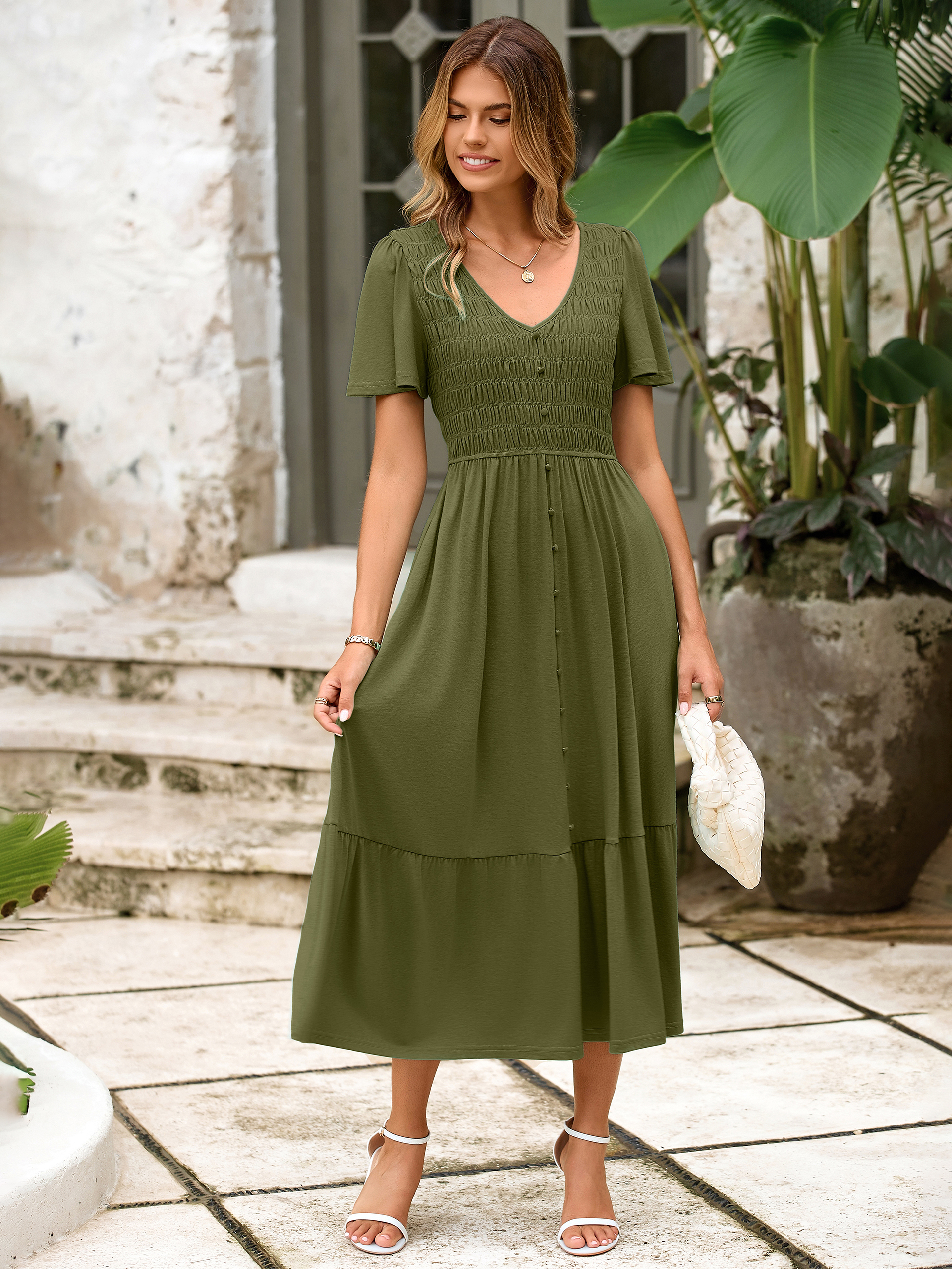 Smocked Waist Flutter Sleeve Boho Maxi Dress