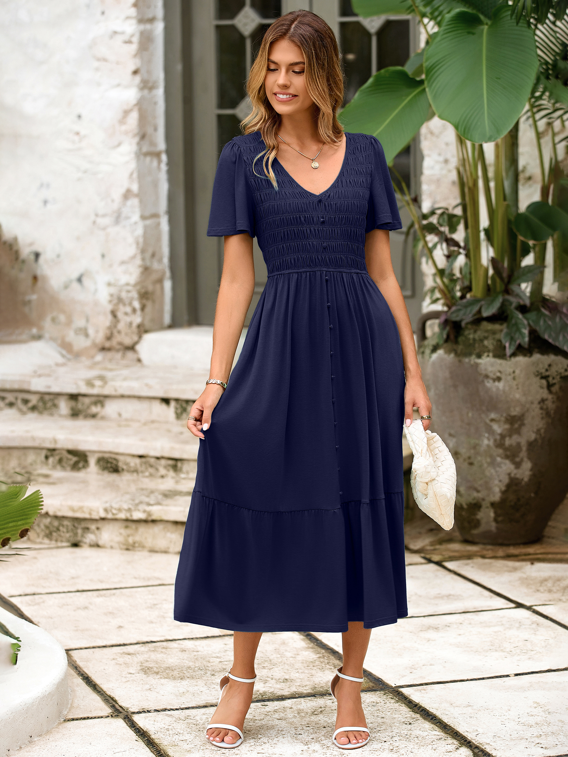 Smocked Waist Flutter Sleeve Boho Maxi Dress