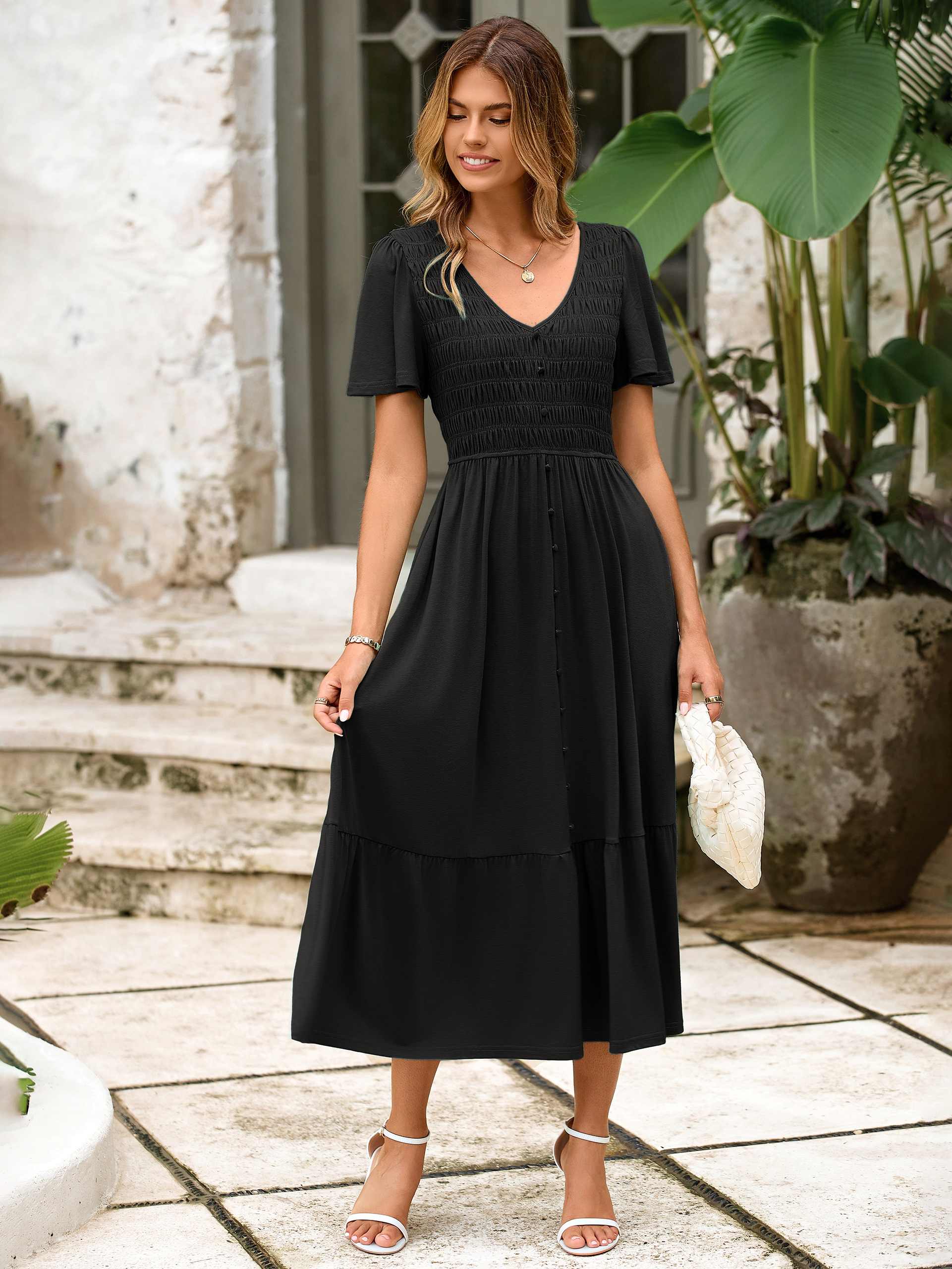 Smocked Waist Flutter Sleeve Boho Maxi Dress