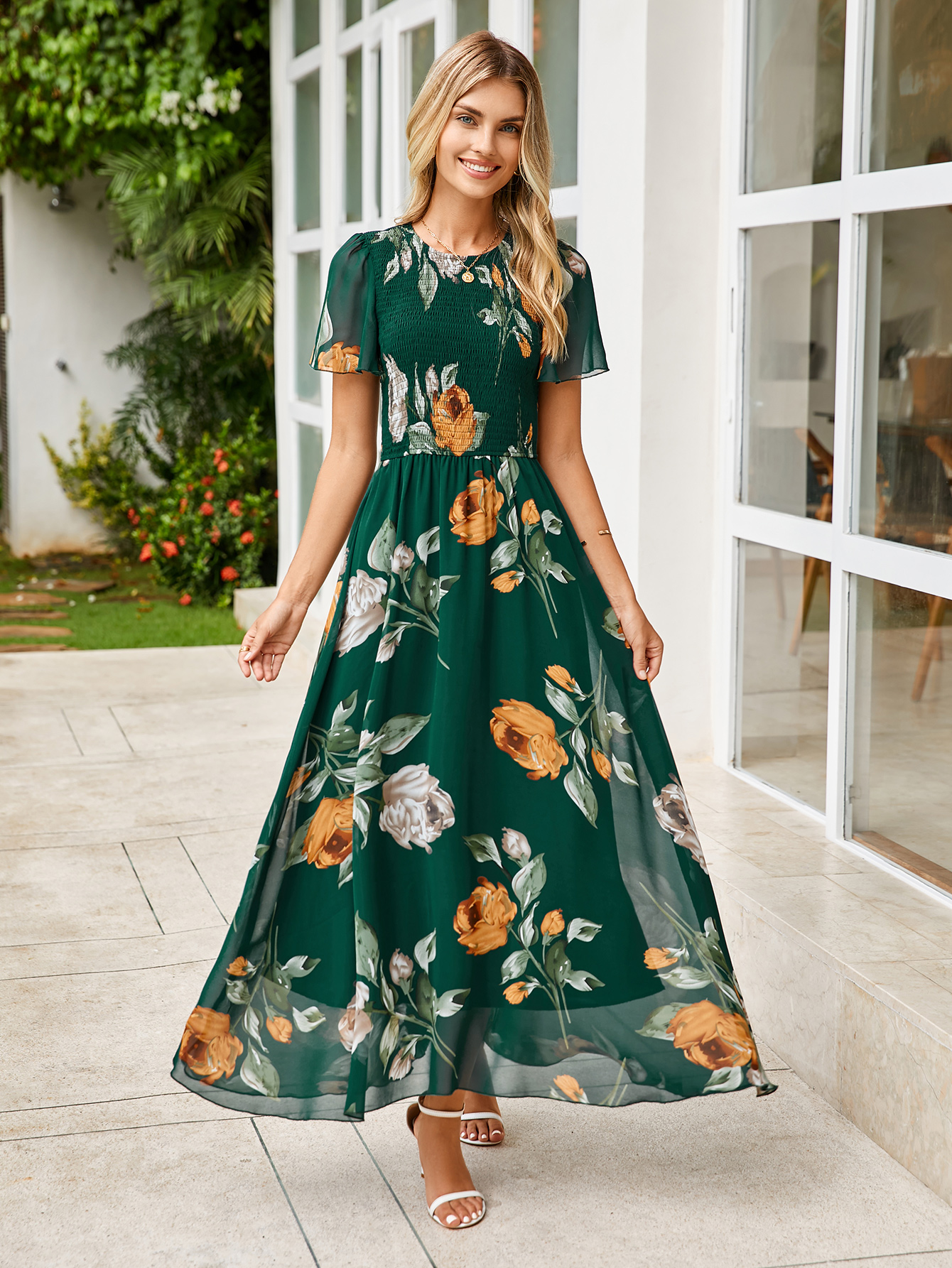 Chiffon Flutter Sleeve Smocked Floral Maxi Dress