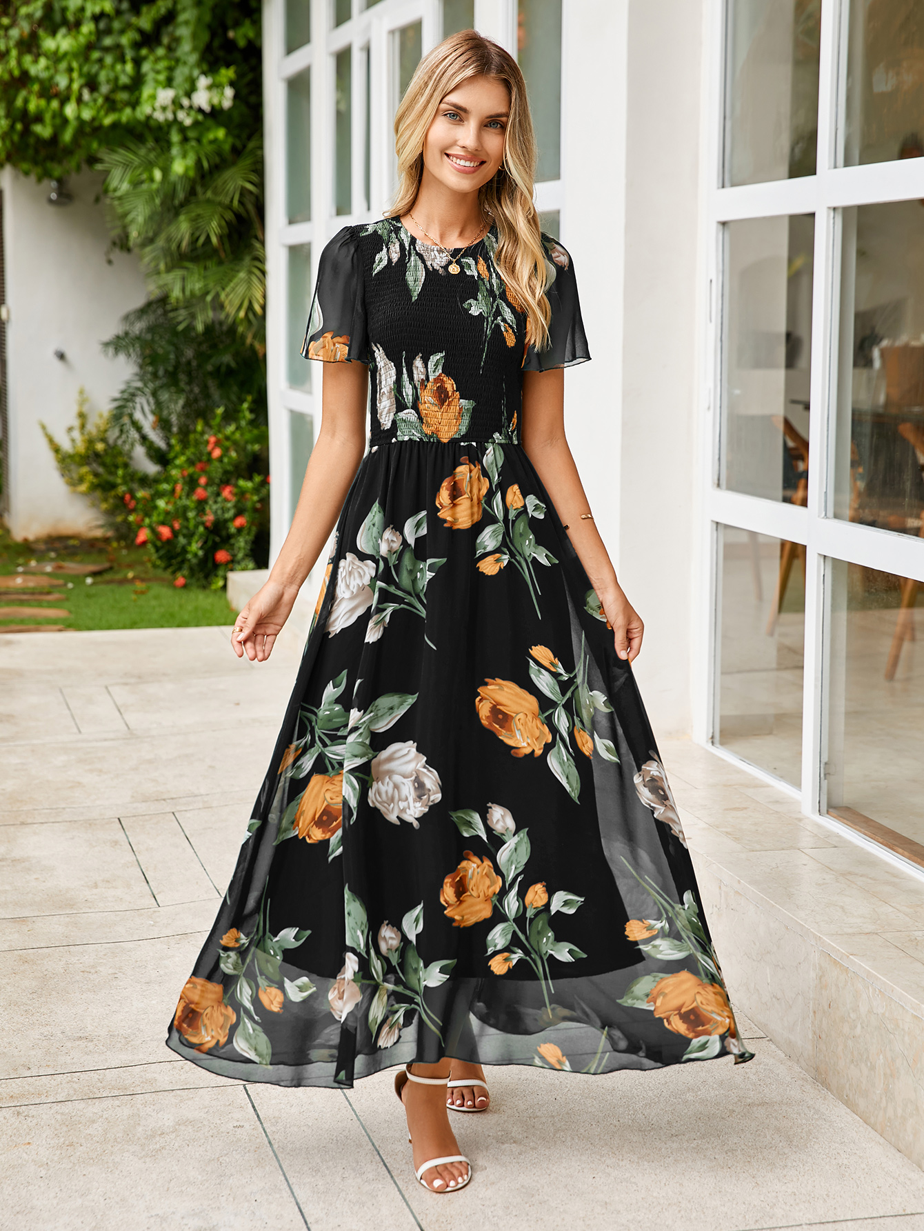 Chiffon Flutter Sleeve Smocked Floral Maxi Dress
