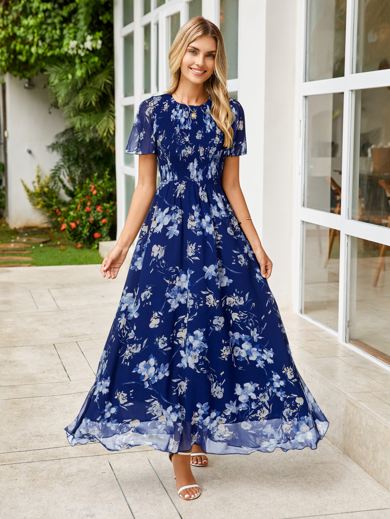 Chiffon Flutter Sleeve Smocked Floral Maxi Dress