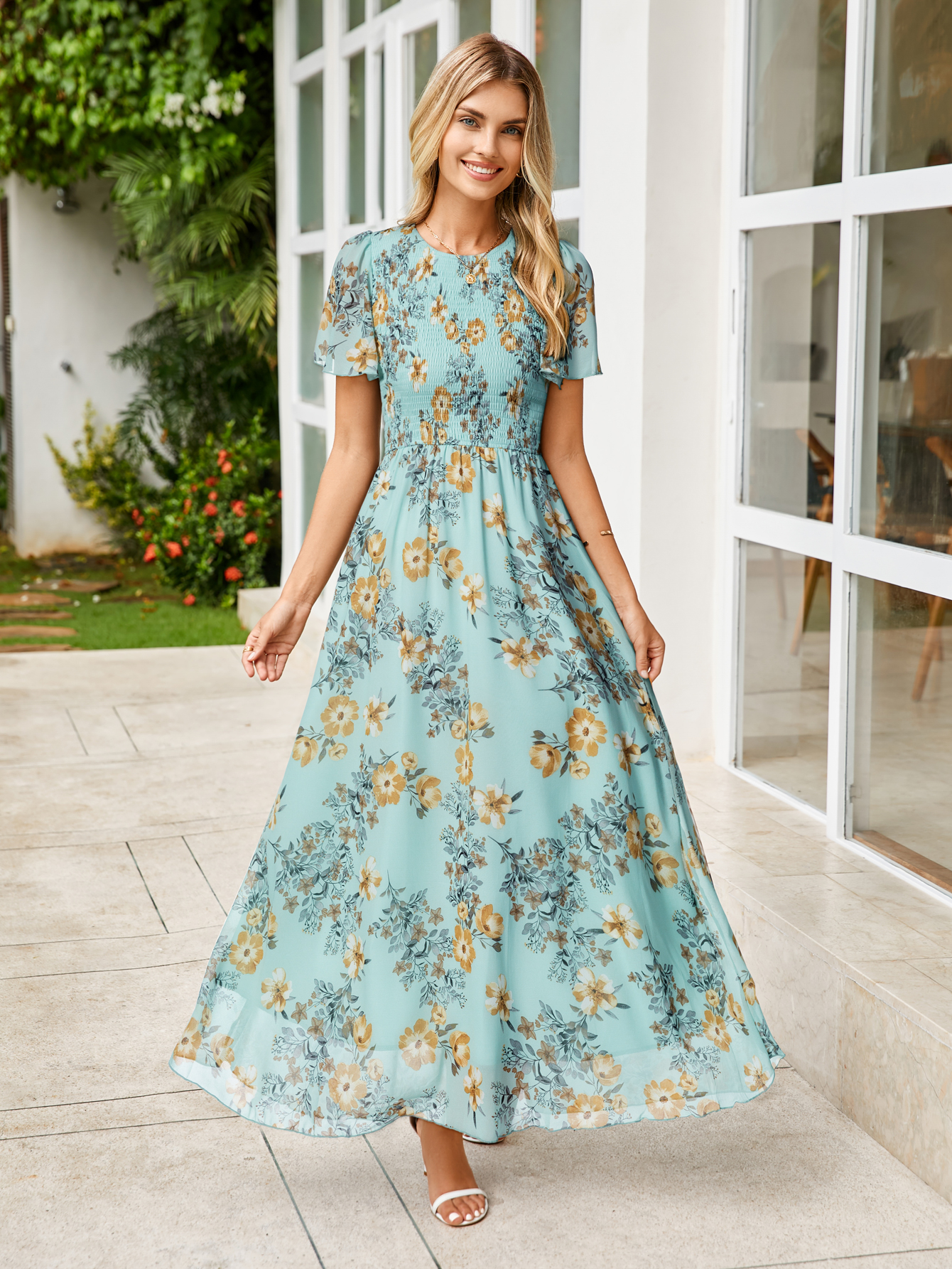 Chiffon Flutter Sleeve Smocked Floral Maxi Dress