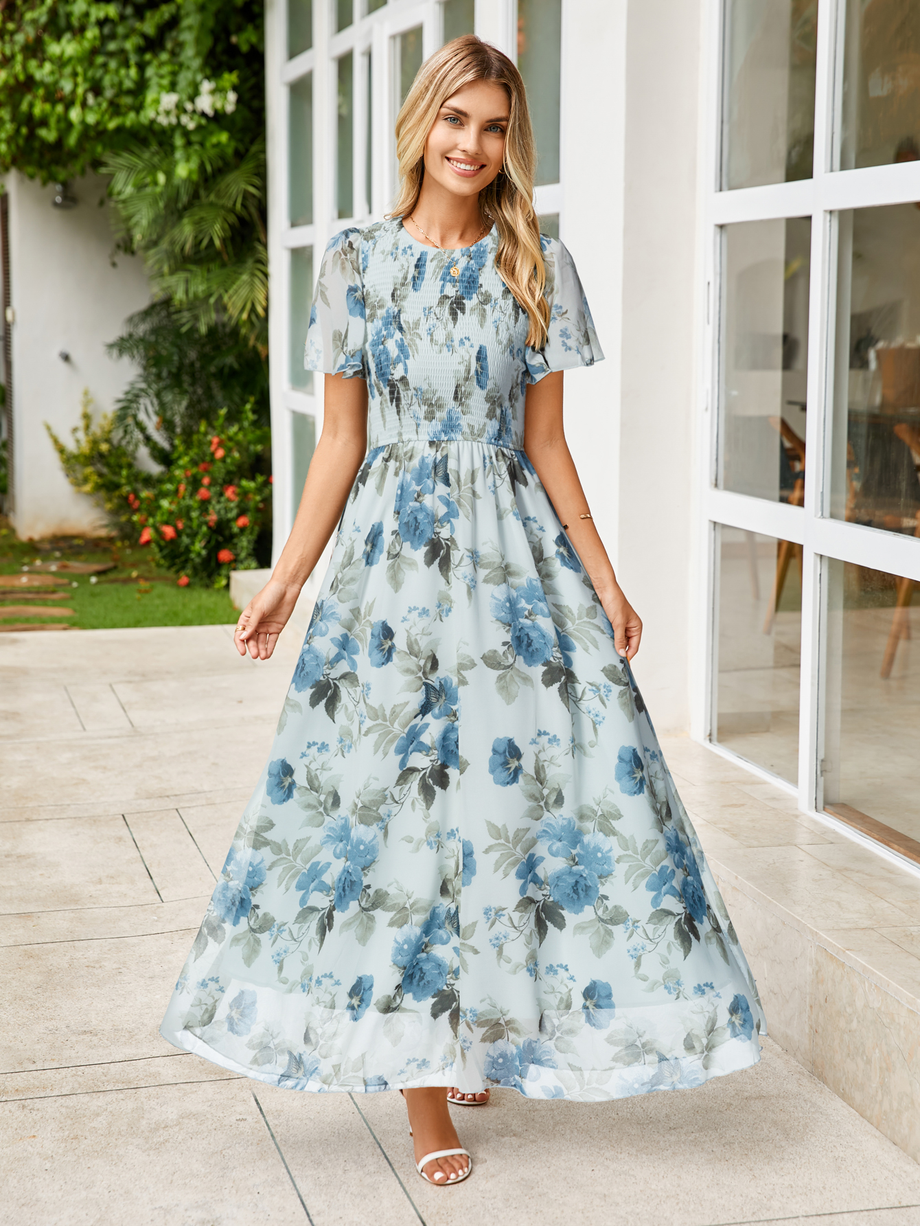 Chiffon Flutter Sleeve Smocked Floral Maxi Dress