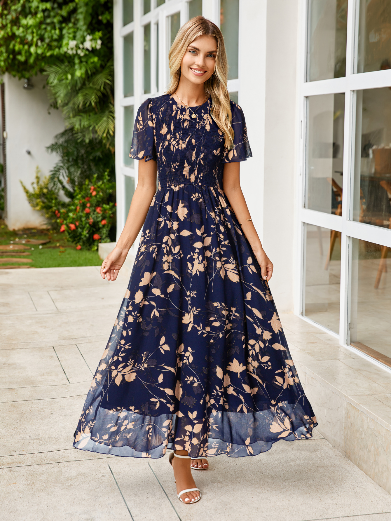 Chiffon Flutter Sleeve Smocked Floral Maxi Dress