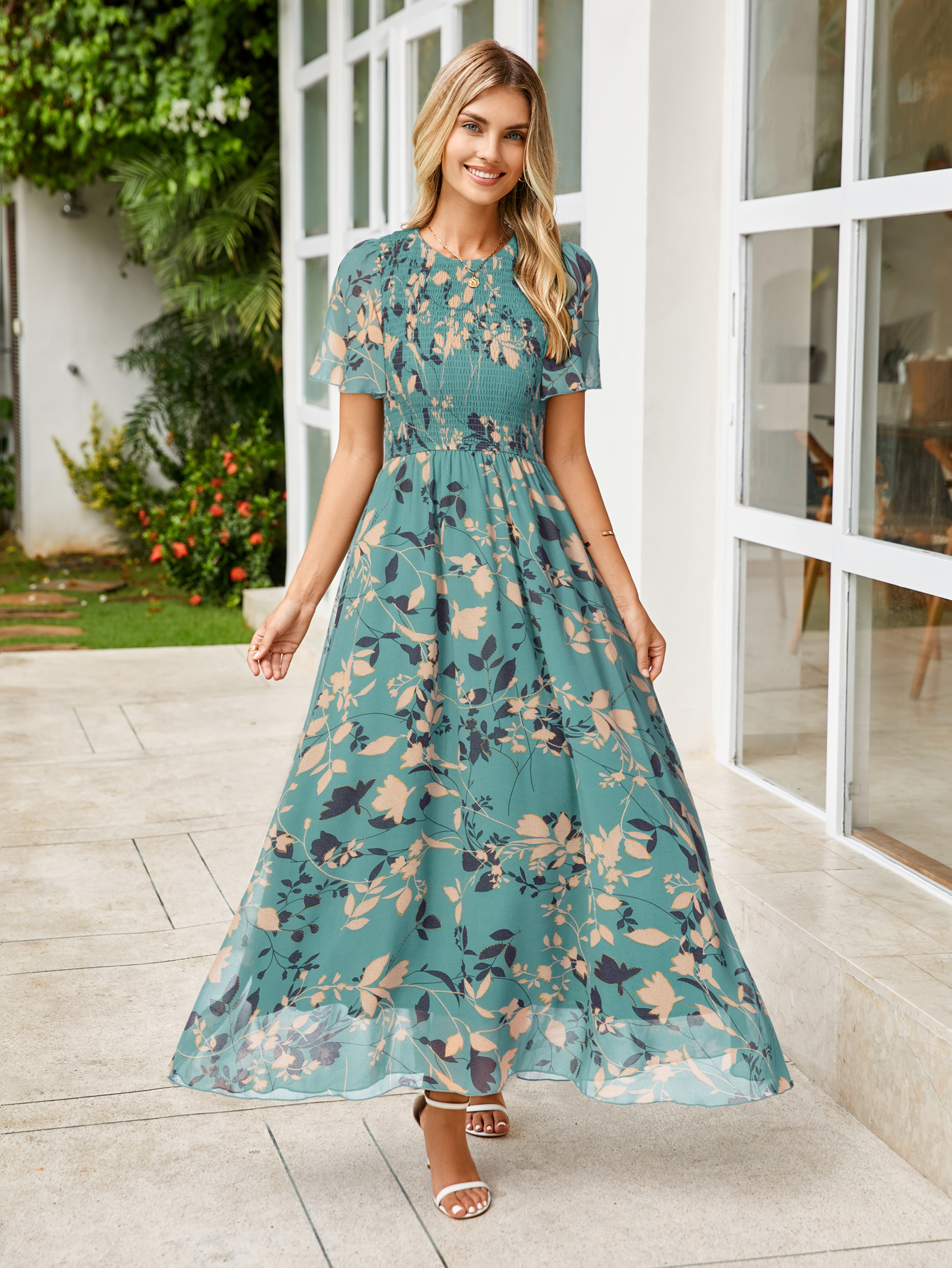 Chiffon Flutter Sleeve Smocked Floral Maxi Dress