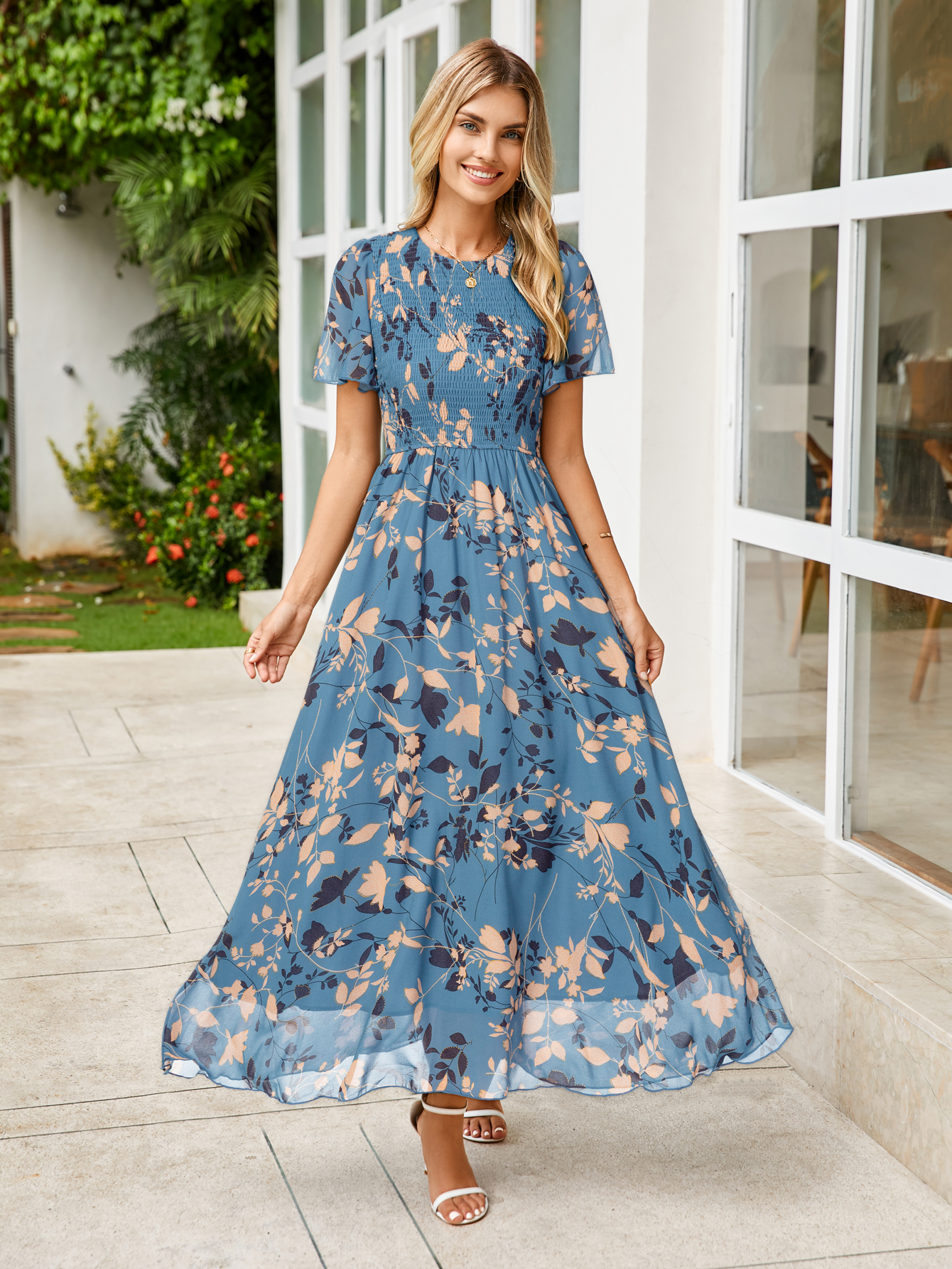 Chiffon Flutter Sleeve Smocked Floral Maxi Dress - Dusty Blue