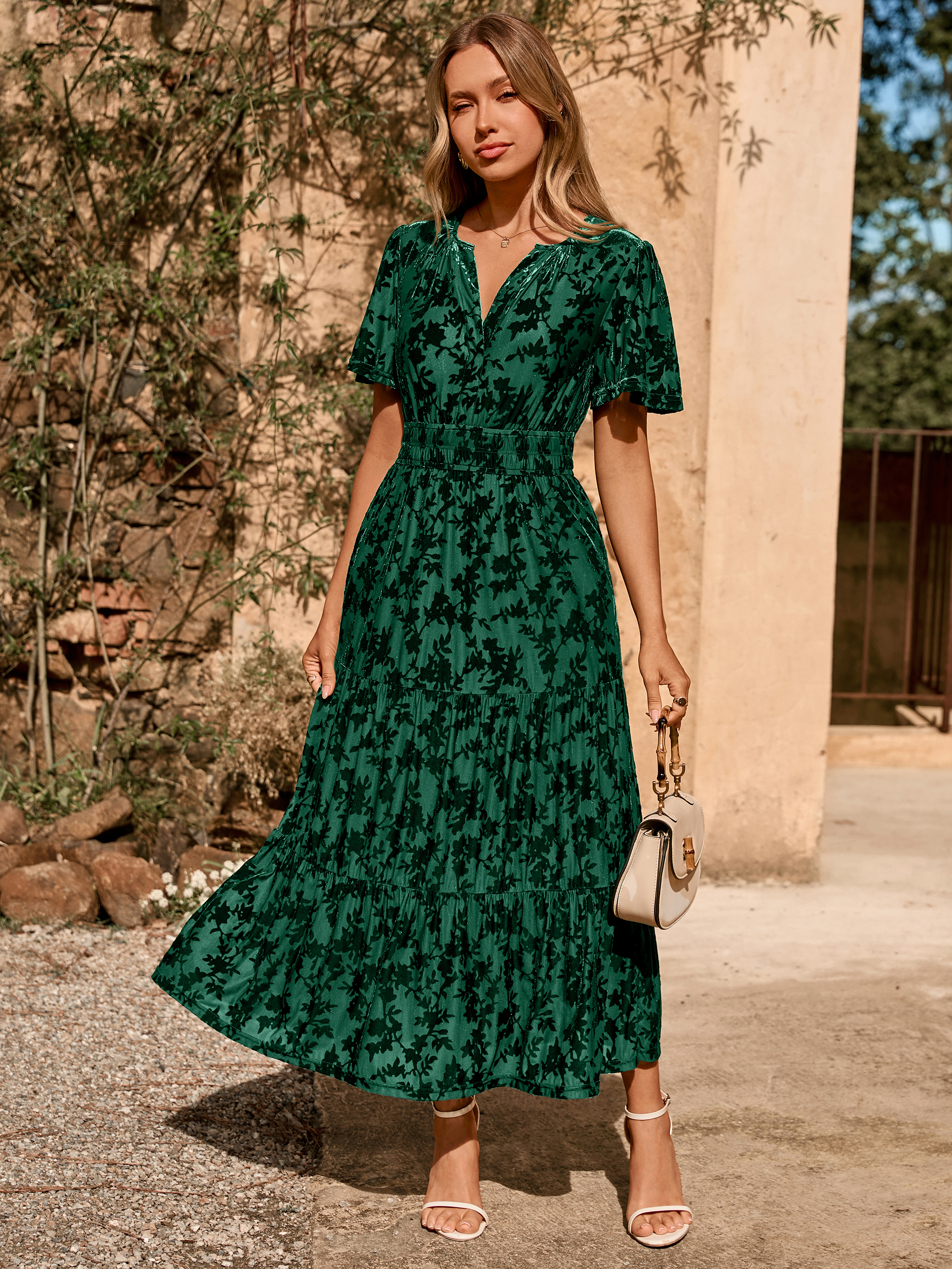 Velvet Print V-Neck Empire Tiered Ruffle Maxi Dress