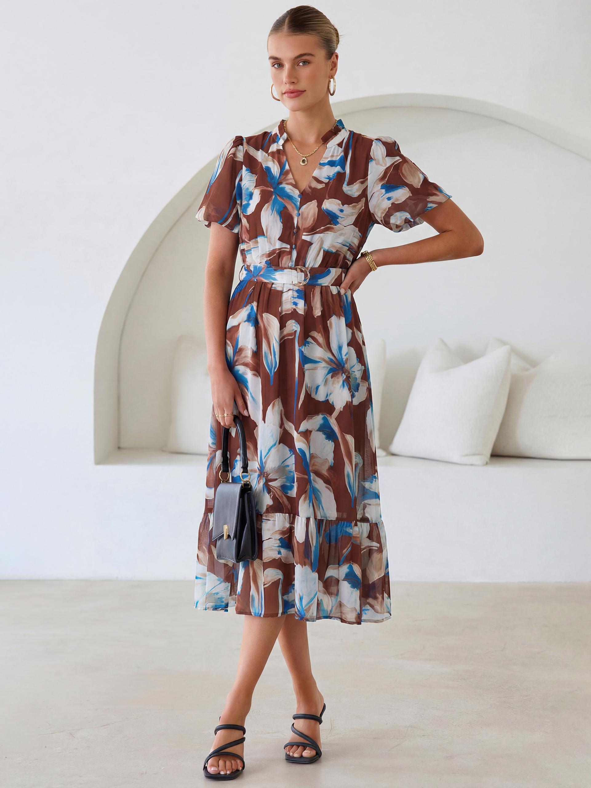 Floral V Neck Belted Tiered Maxi Dress