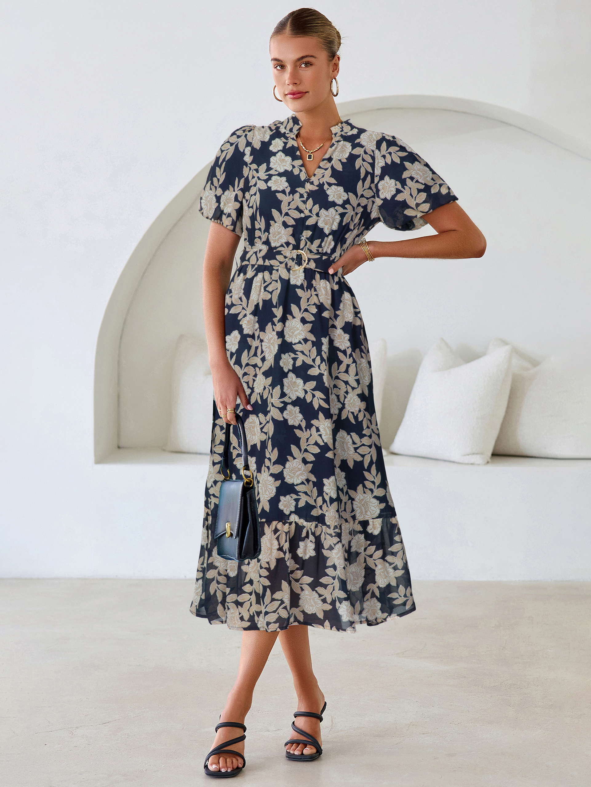Floral V Neck Belted Tiered Maxi Dress