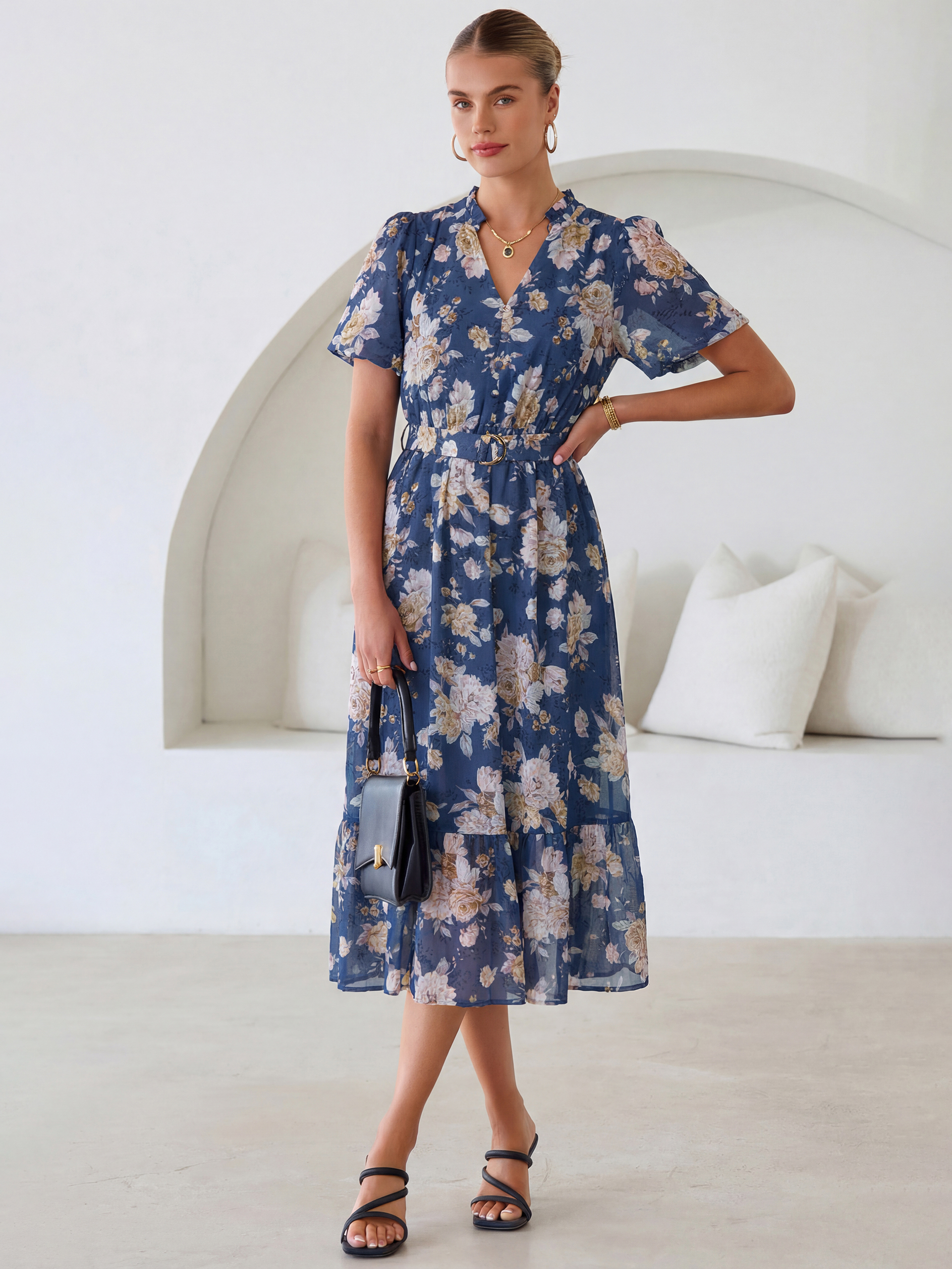 Floral V Neck Belted Tiered Maxi Dress