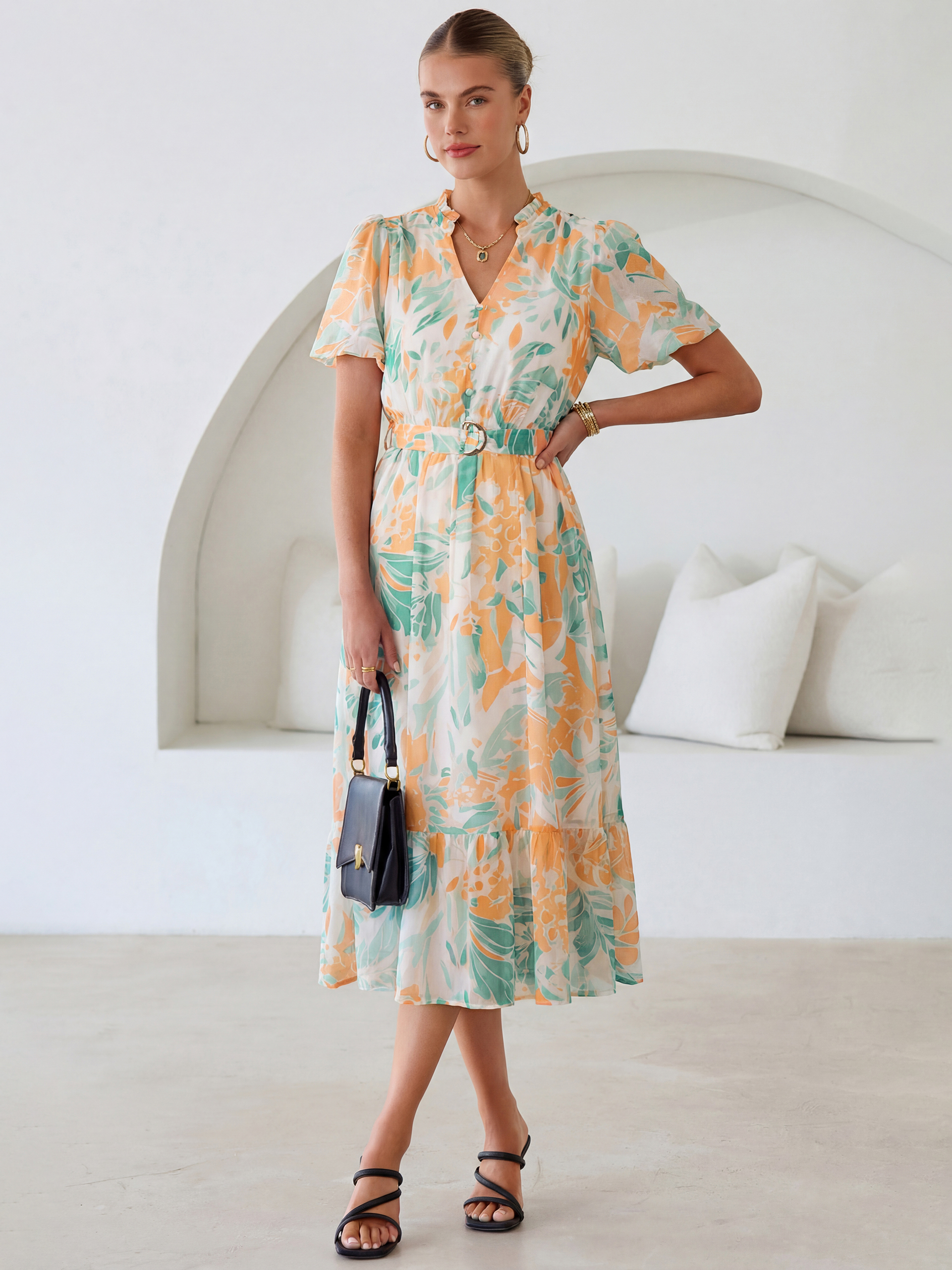 Floral V Neck Belted Tiered Maxi Dress