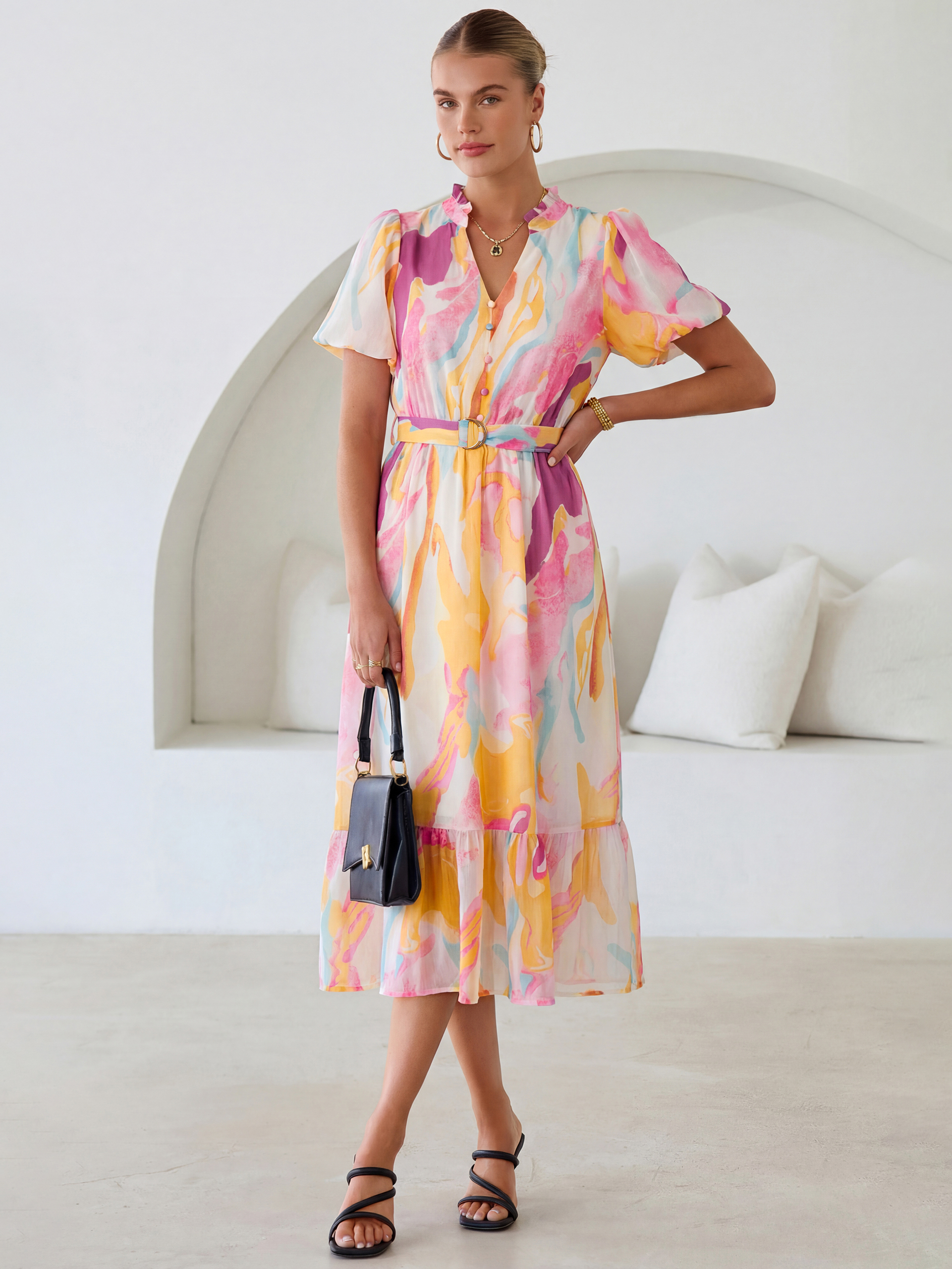 Floral V Neck Belted Tiered Maxi Dress