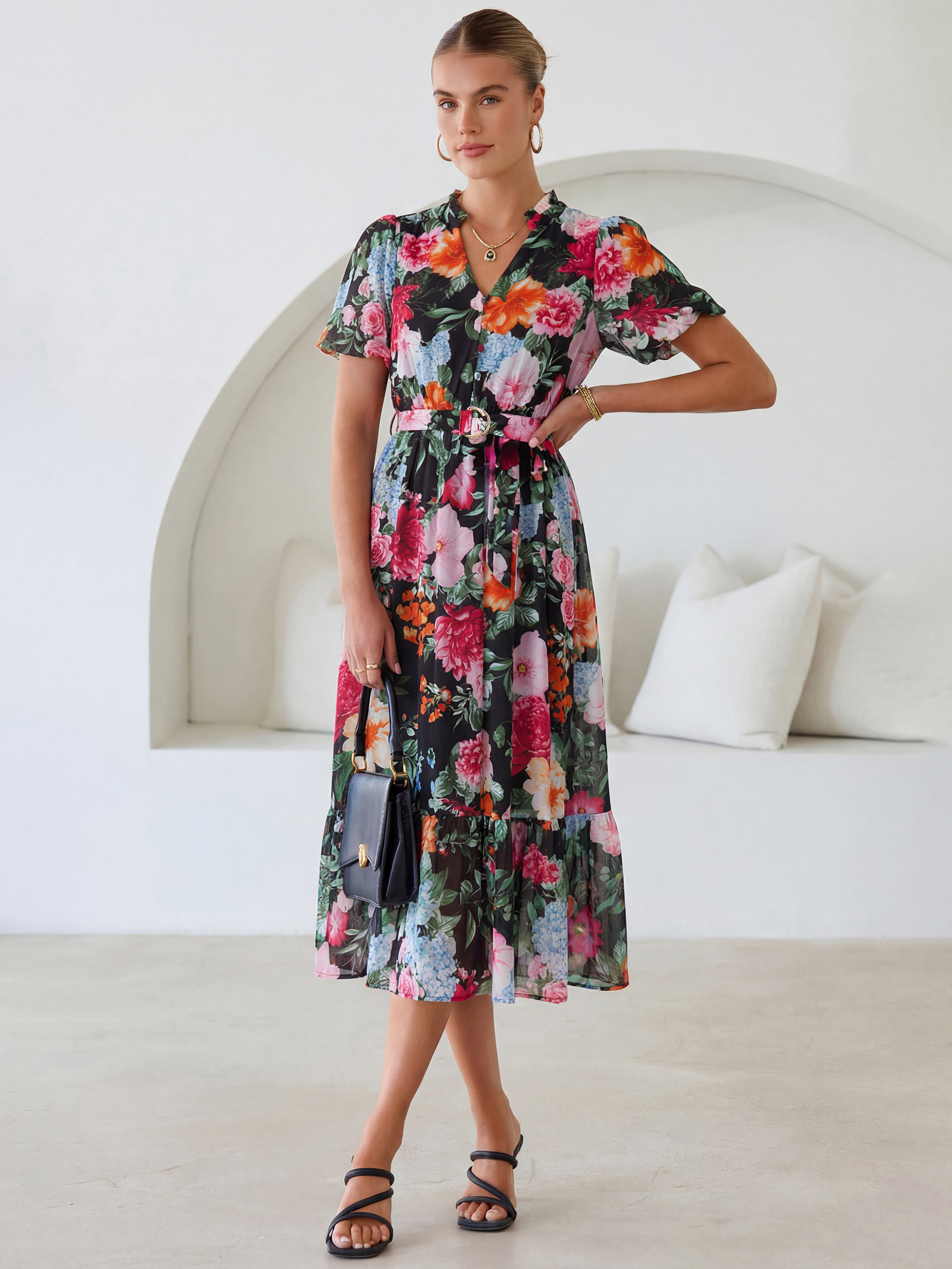 Floral V Neck Belted Tiered Maxi Dress