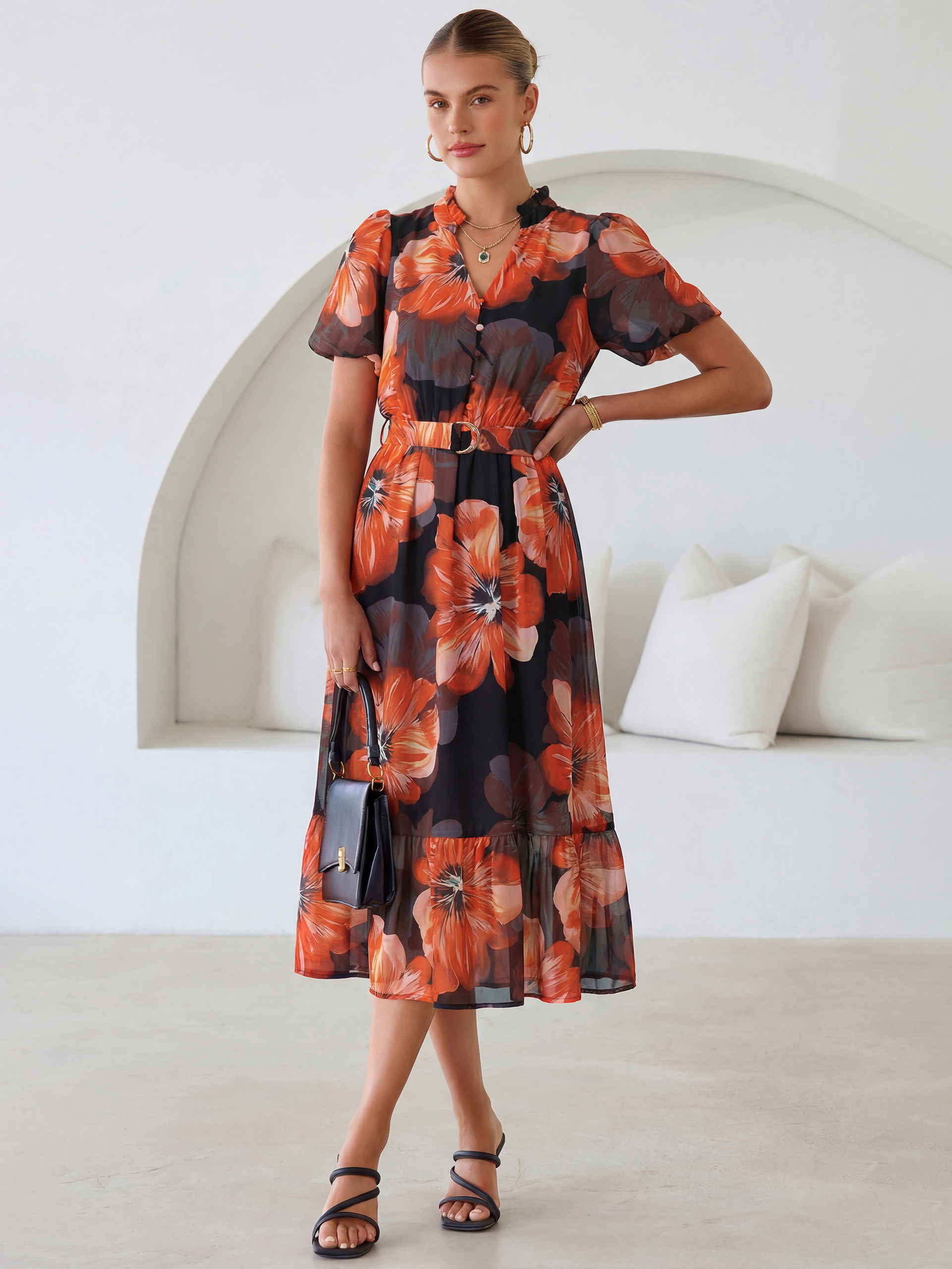 Floral V Neck Belted Tiered Maxi Dress
