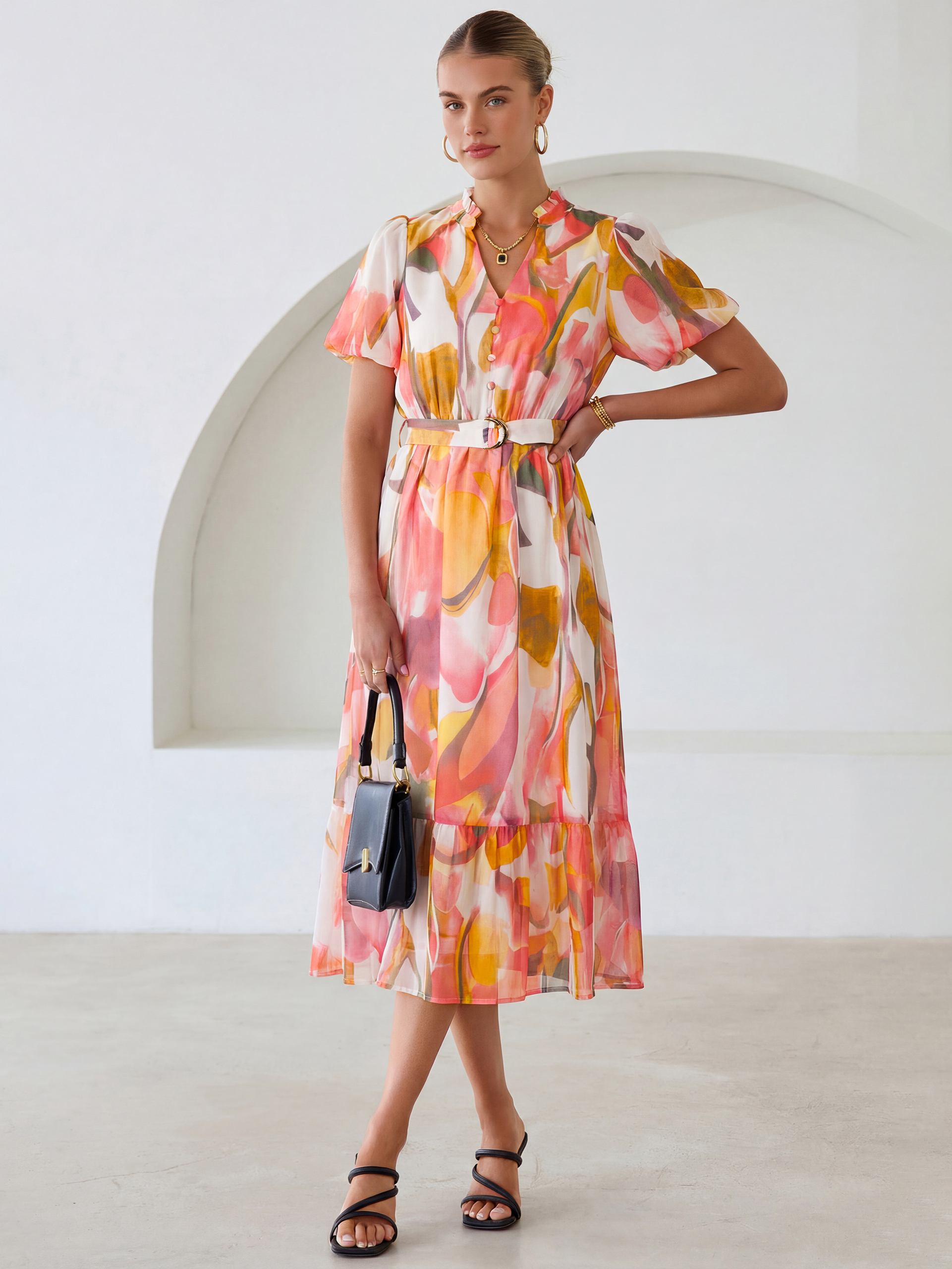 Floral V Neck Belted Tiered Maxi Dress