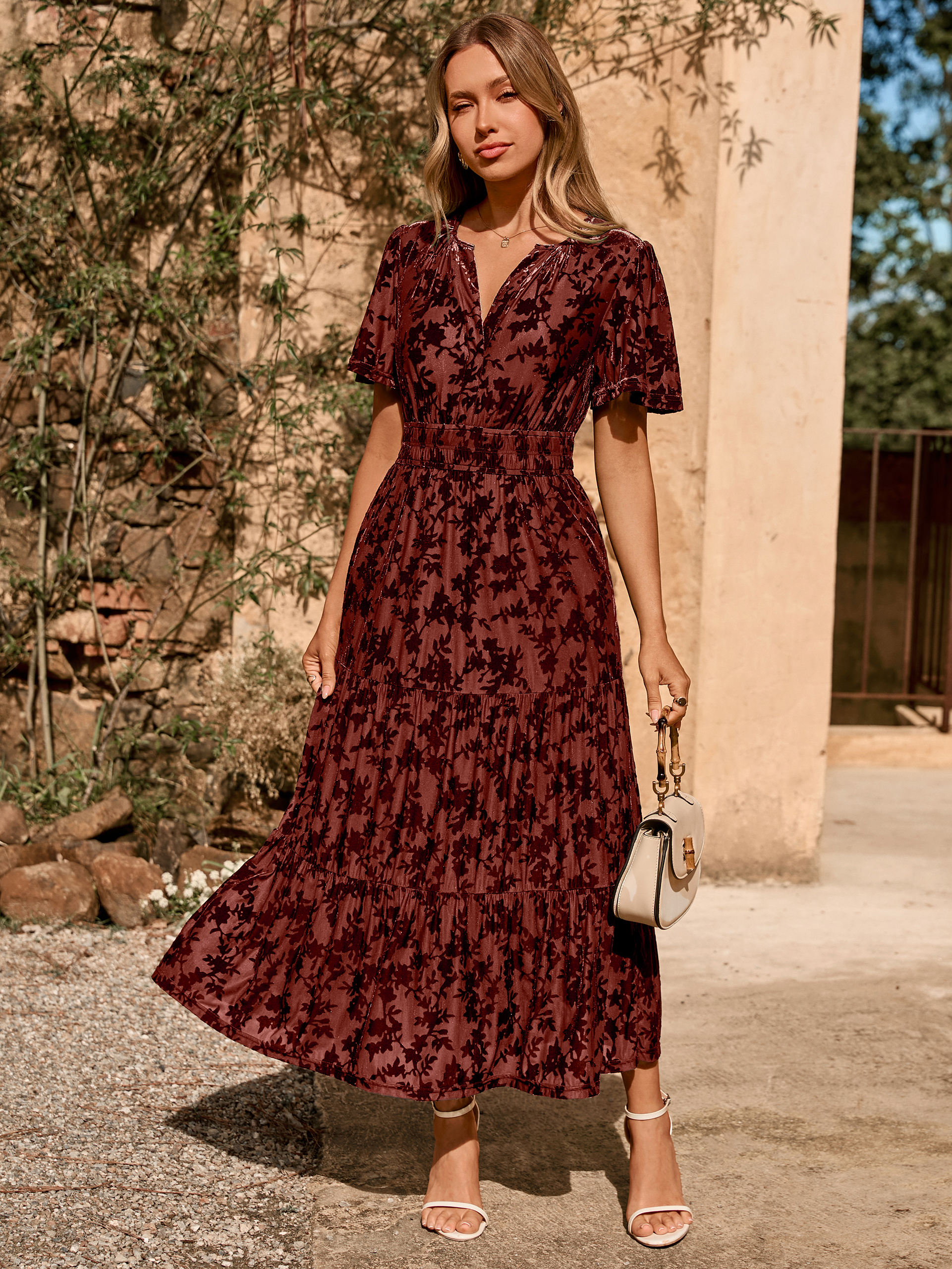 Velvet Print V-Neck Empire Tiered Ruffle Maxi Dress