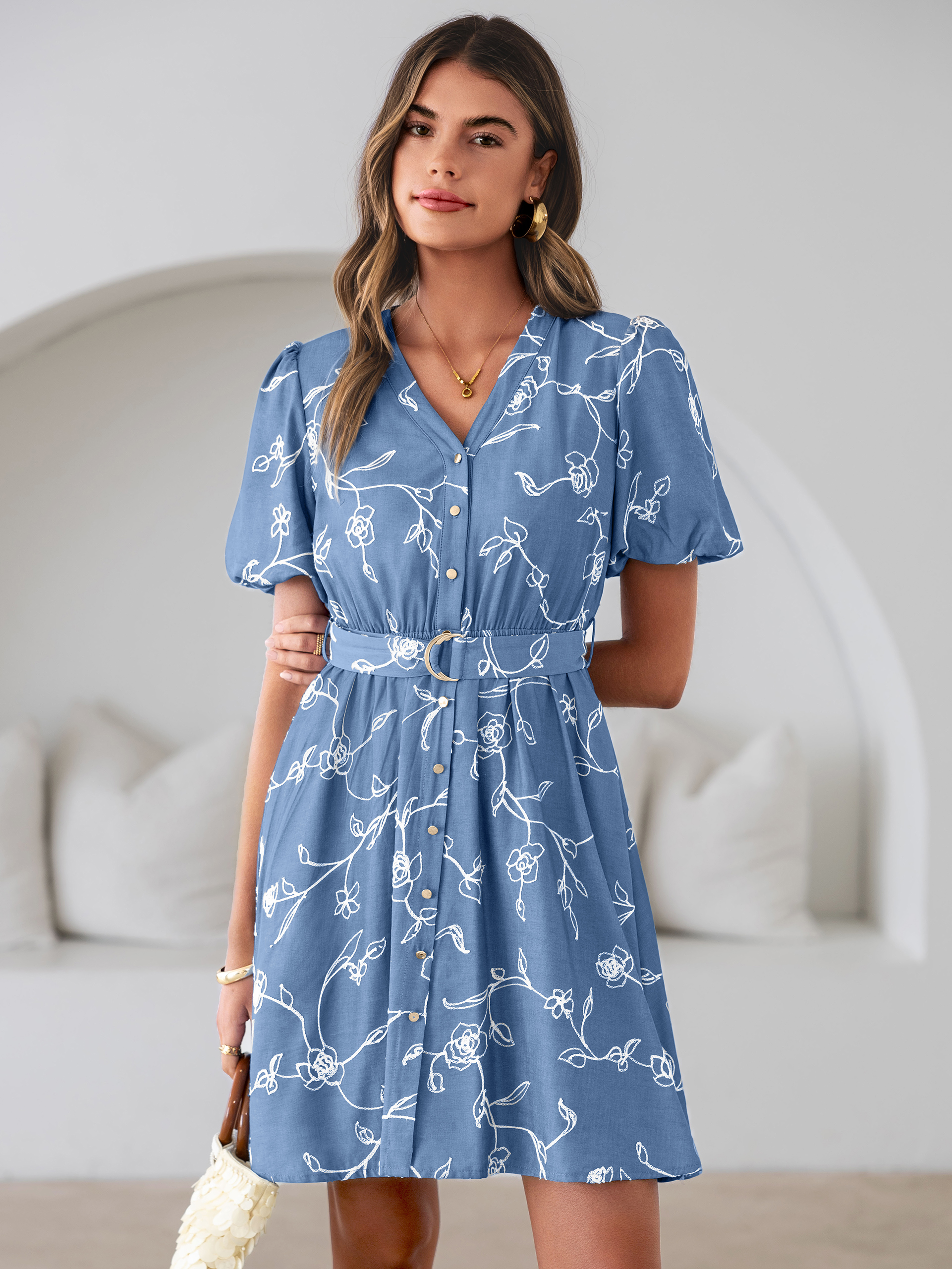 Embroidered Cotton Denim Belted A-Line Dress
