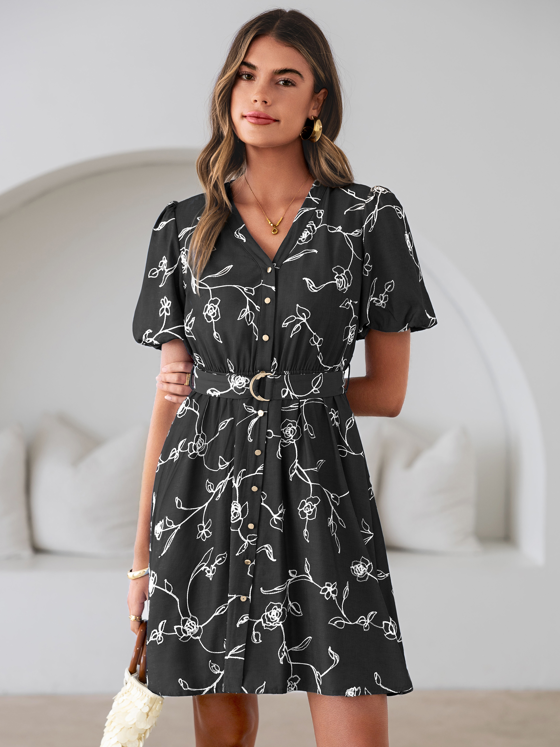 Embroidered Cotton Denim Belted A-Line Dress