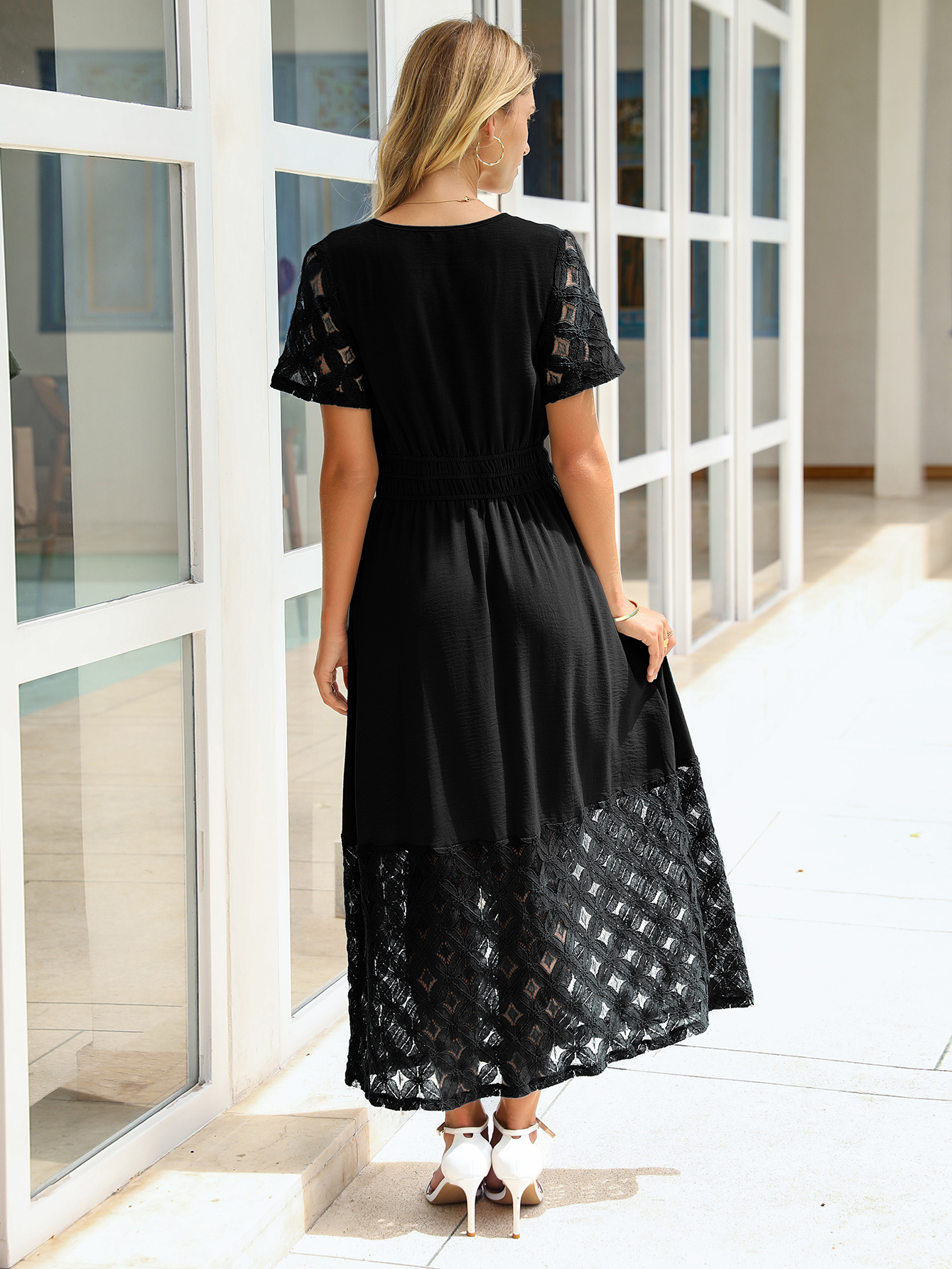 Lace Boho V Neck Short Sleeve Tiered Maxi Dress