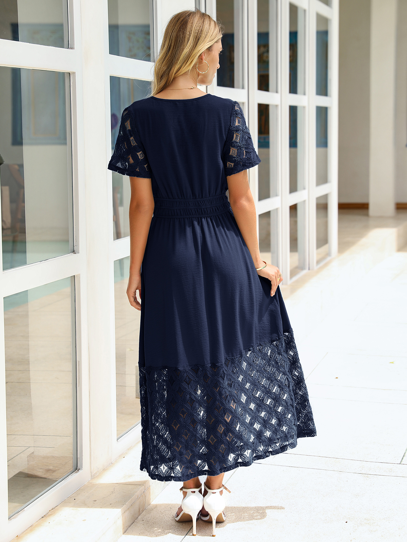 Lace Boho V Neck Short Sleeve Tiered Maxi Dress