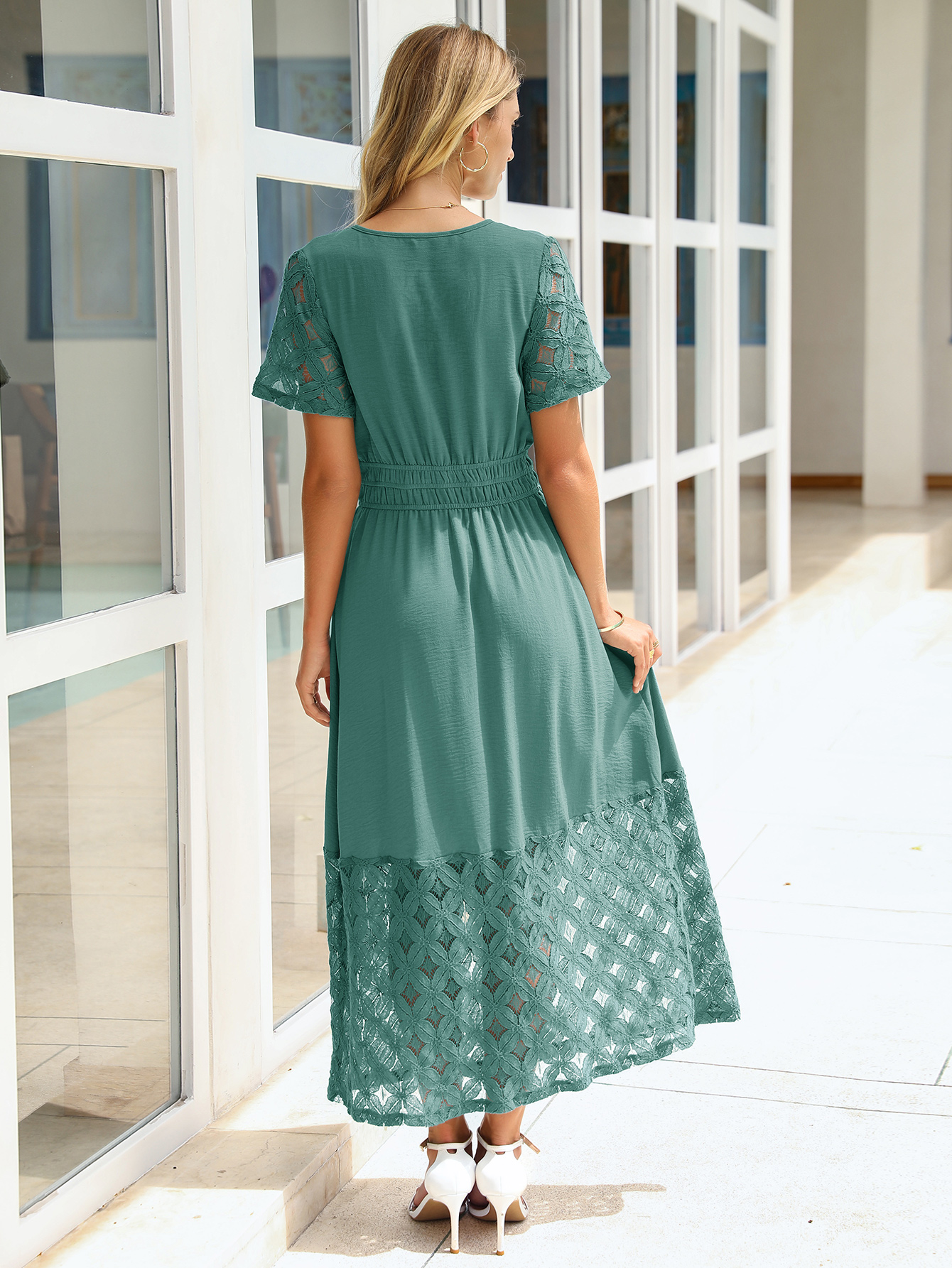 Lace Boho V Neck Short Sleeve Tiered Maxi Dress