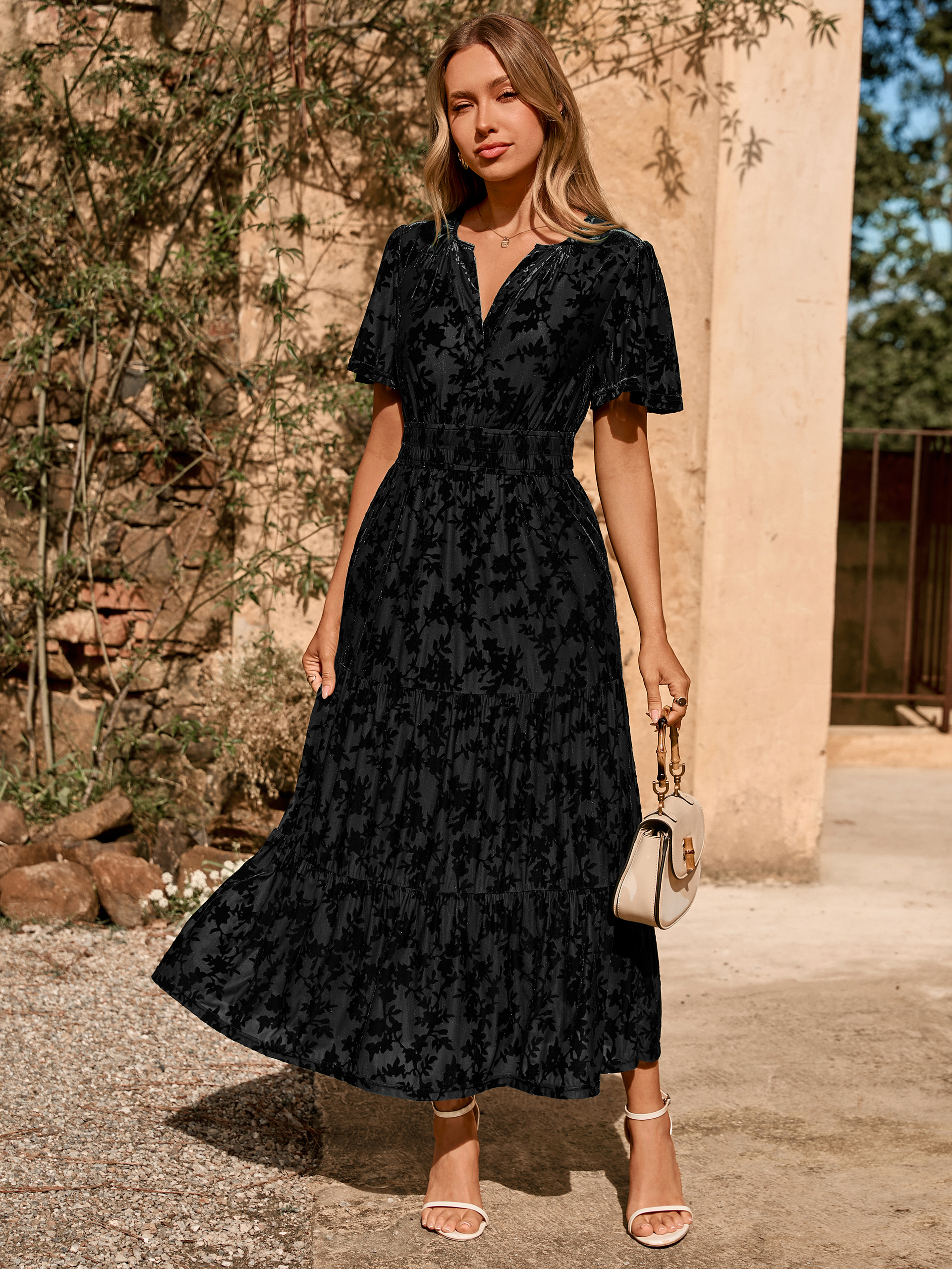 Velvet Print V-Neck Empire Tiered Ruffle Maxi Dress