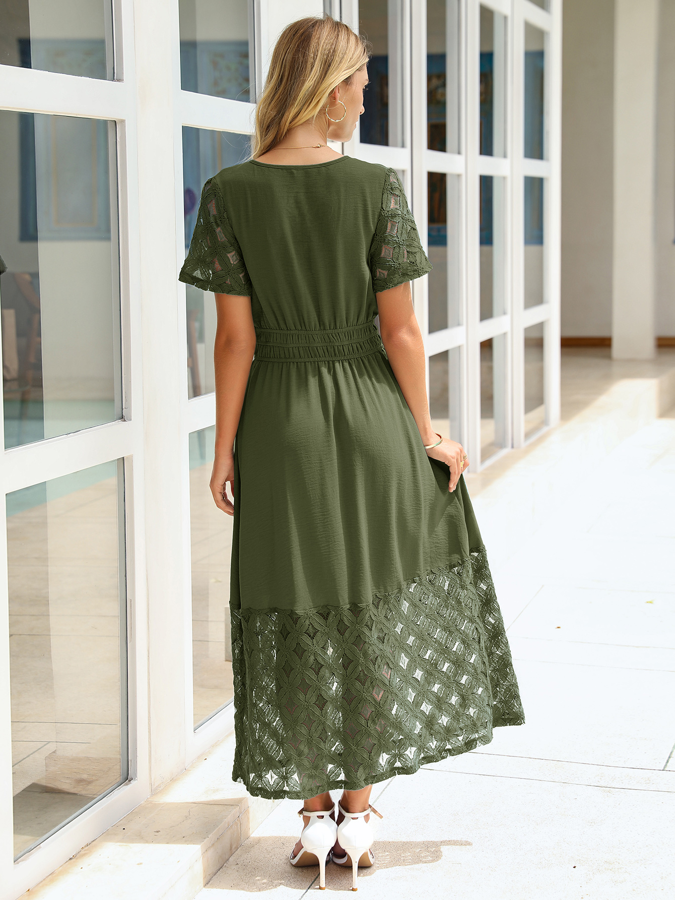 Lace Boho V Neck Short Sleeve Tiered Maxi Dress