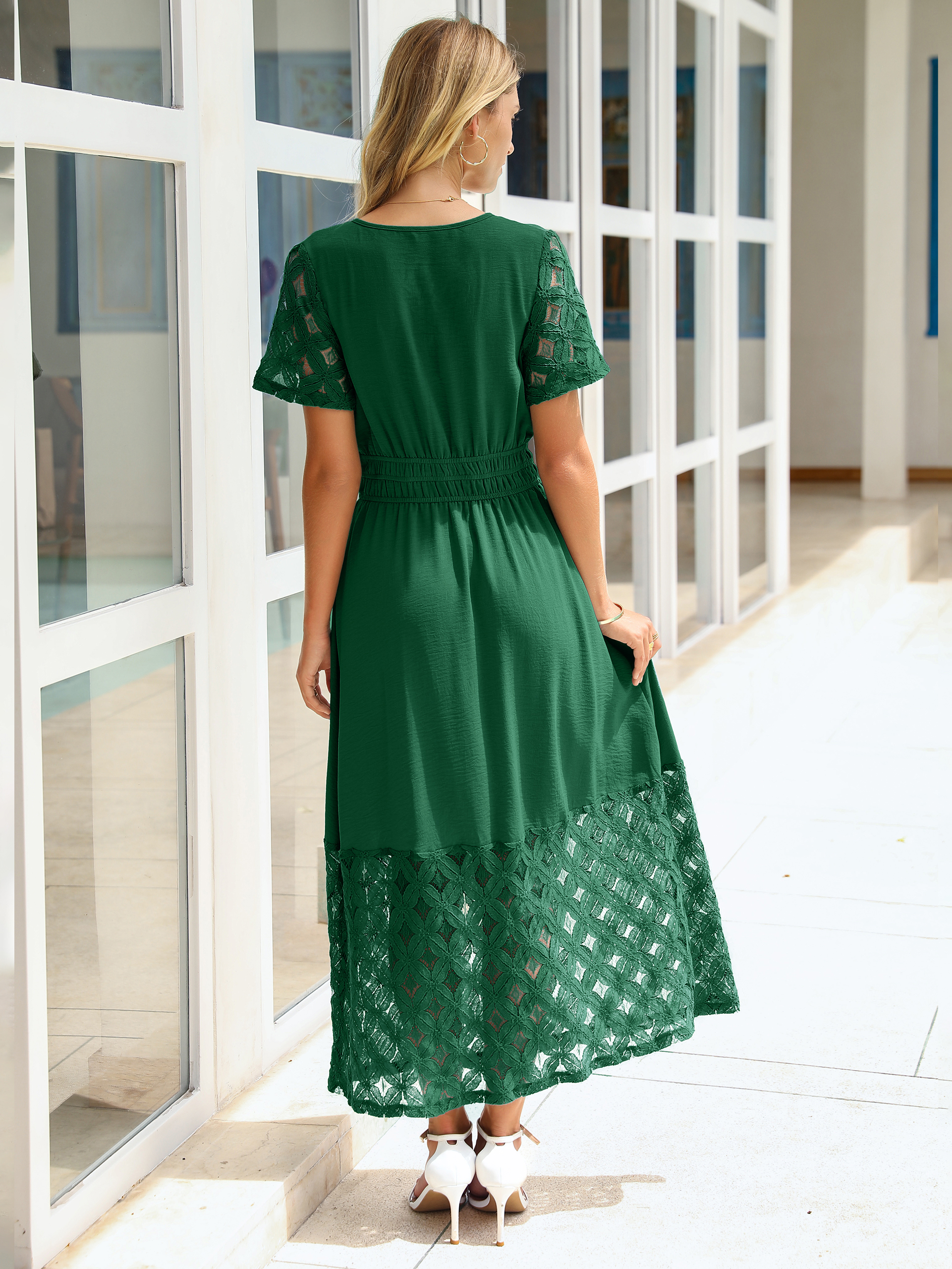 Lace Boho V Neck Short Sleeve Tiered Maxi Dress