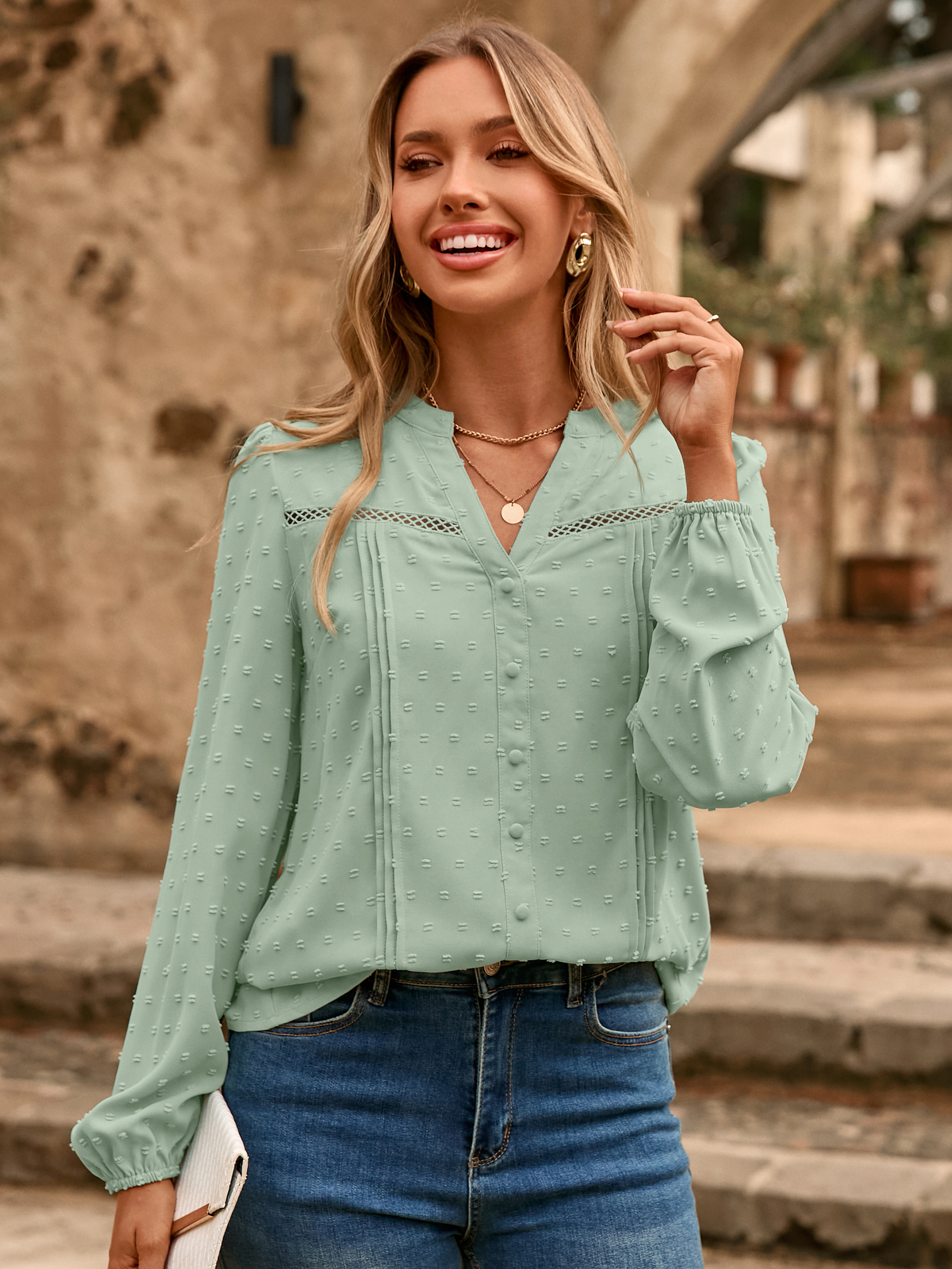 Lace Trim V Neck Swiss Dot Blouse