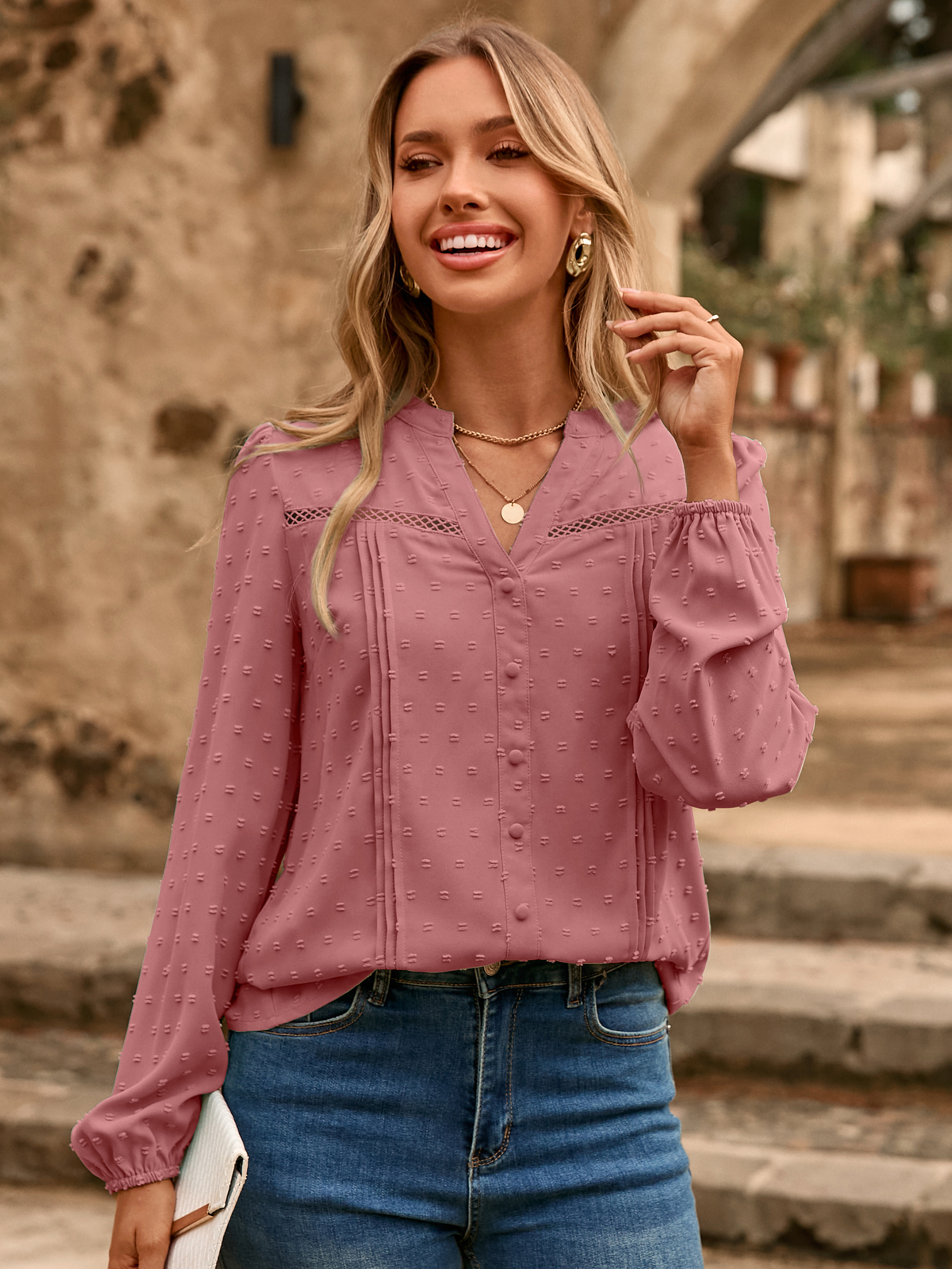 Lace Trim V Neck Swiss Dot Blouse