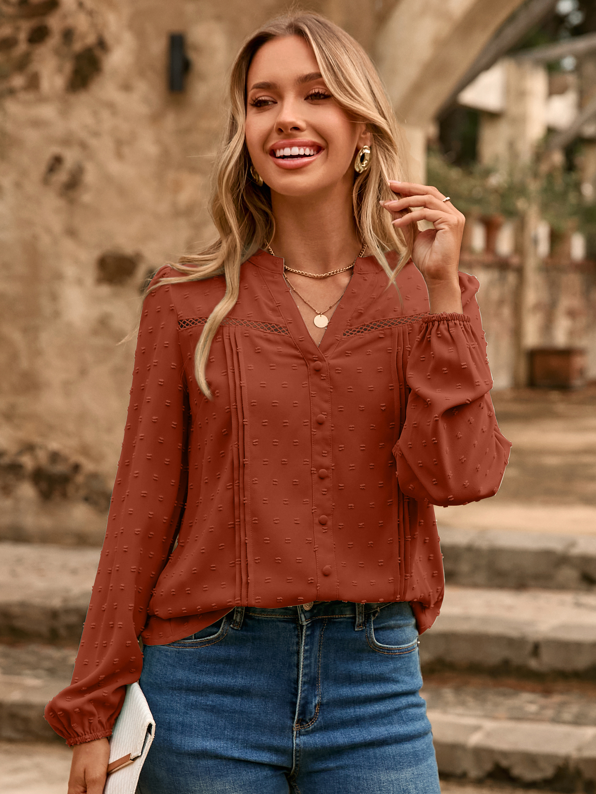 Lace Trim V Neck Swiss Dot Blouse