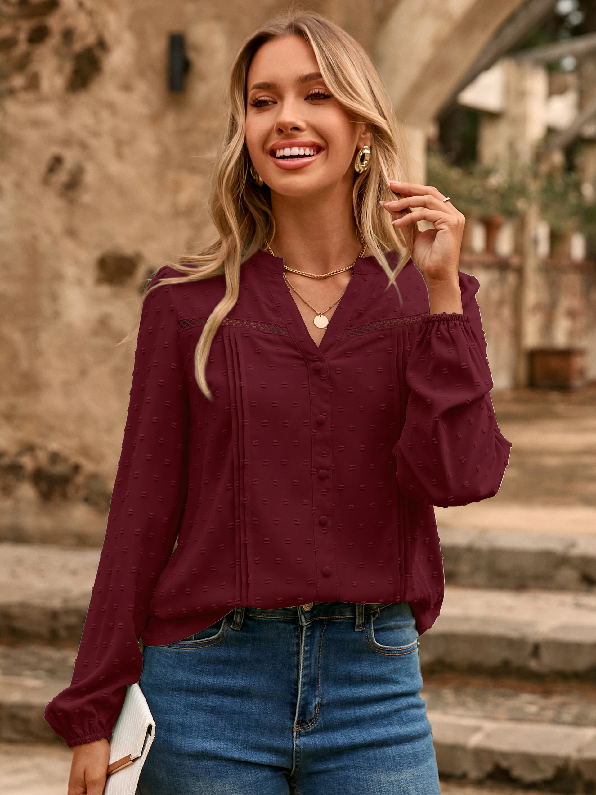 Lace Trim V Neck Swiss Dot Blouse