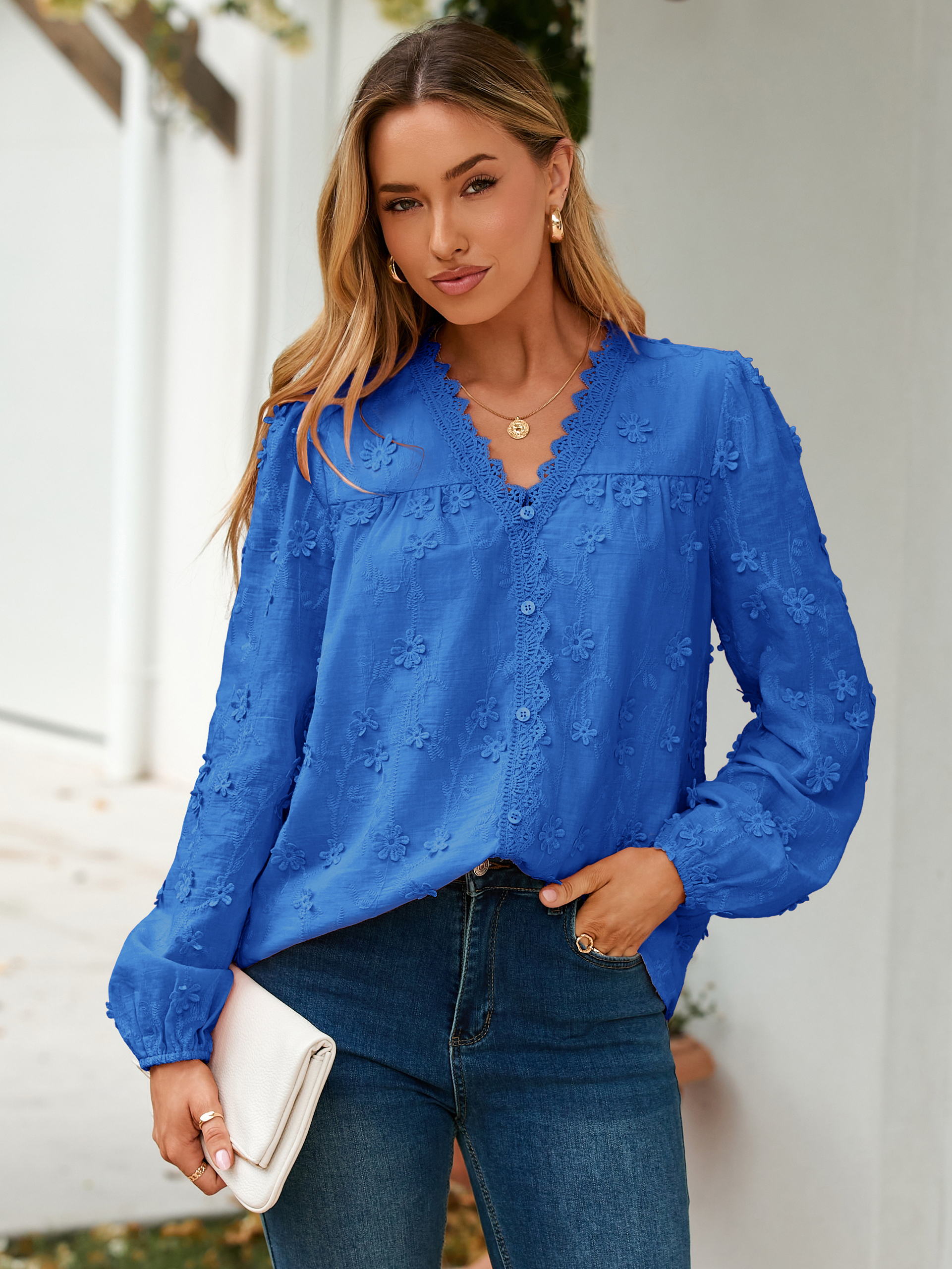 Floral Lace V Neck Embroidered Button Down Blouse